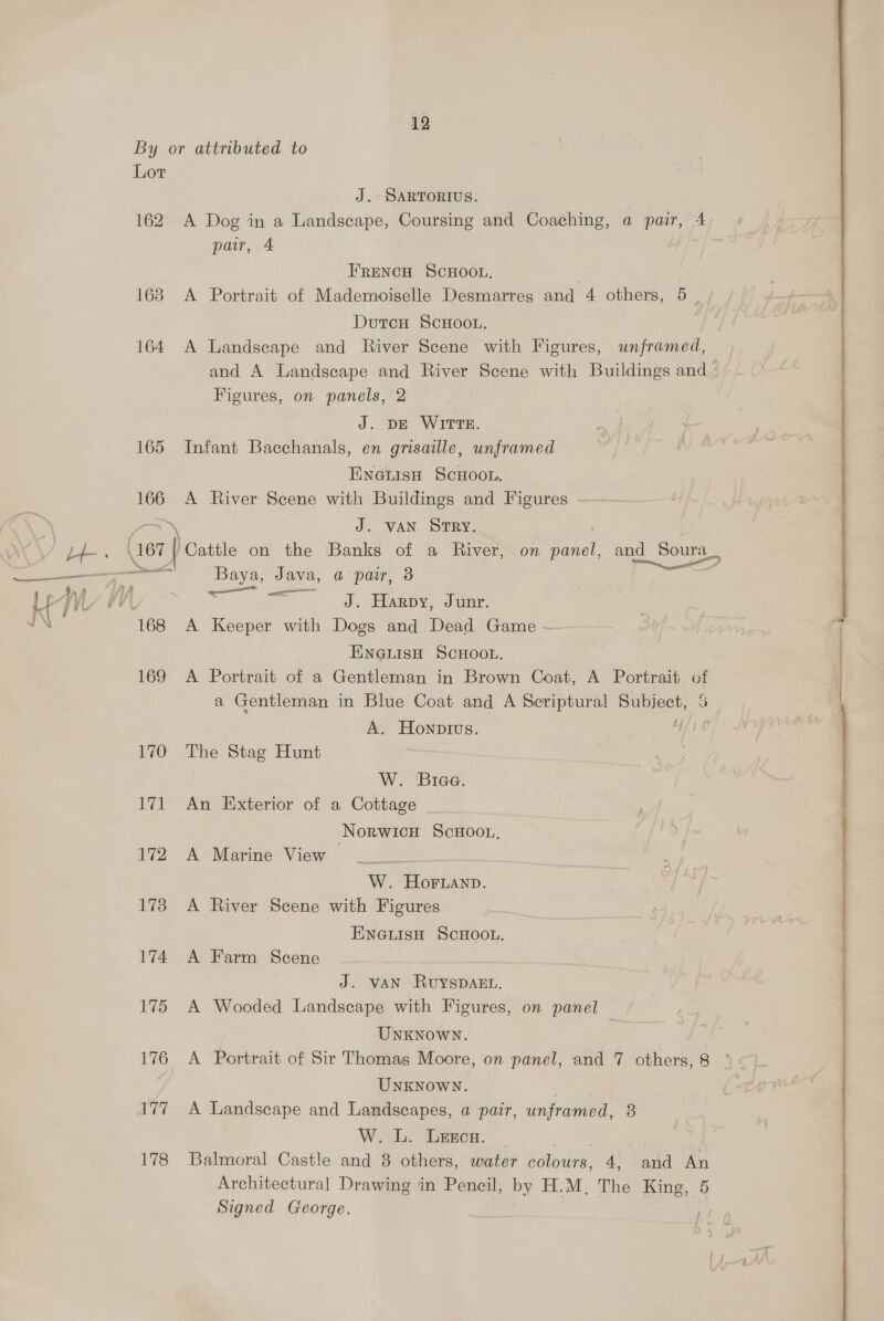 By or attributed to Lor J. SARTORIUS. 162 A Dog in a Landscape, Coursing and Coaching, a pair, 4 pair, 4 FRENCH SCHOOL, | 168 A Portrait of Mademoiselle Desmarres and 4 others, 5 . DutcnH ScHoot. 164 A Landscape and River Scene with Figures, unframed, and A Landscape and River Scene with Buildings and. Figures, on panels, 2 J. DE WITTE. 165 Infant Bacchanals, en grisaille, unframed Eweuisn ScHooL, 166 A River Scene with Buildings and Figures 3 J. VAN StTRY. Baya, Java, a pair, 3 — een meme J. Harpy, Junr. ENNGLISH SCHOOL. 169 A Portrait of a Gentleman in Brown Coat, A Portrait of a Gentleman in Blue Coat and A Scriptural Subject, 5 ? A. Hownptus. a 170 The Stag Hunt W. Biaa. 171 An Exterior of a Cottage NorwicH ScHoot., 172 A Marine View — W. Horanp. 173 A River Scene with Figures ENGLISH SCHOOL. 174 A Farm Scene J. VAN RUYSDAEL. 175 A Wooded Landscape with Figures, on panel UNKNOWN. 176 A Portrait of Sir Thomas Moore, on panel, and 7 others, 8 UNKNowN. | 177 A Landscape and Landscapes, a pair, unframed, 8 W. L. Leecu. 178 Balmoral Castle and 8 others, water bolours, 4, | av An Architectural Drawing in Pencil, by H.M, The King, 5 Signed George.