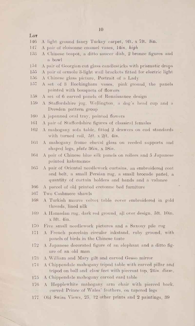 146 14.7 Ss core) l - — J€ Lo6 157 — ~ + 158 1459 160 161 162 165 164 10 A light ground fancy Turkey carpet, 9ft. x 7ft. din. A pair of cloisonne enamel vases, l4in. high A Chinese teapot, a ditto saucer dish, 2 bronze figures and w bowl A pair of Georgian cut glass candlesticks with prismatie drops A pair of ormolu 3-light wall brackets fitted for eleetric hght A Chinese glass picture, Portrait of a Lady A set of 8 Rockingham vases, pink ground, the panels painted with bouquets of flowers A set of 6 carved panels of Renaissance design A Staffordshire jug, Wellington, a dog’s head cup and a Dresden pattern group A japanned oval tray, painted flowers A pair of Staffordshire figures of classical females A mahogany sofa table, fitted 2 drawers on end standards with turned rail, 5ft. x 2ft. 4in. A mahogany frame cheval glass on reeded supports and shaped legs, plate 36in. x 18in. A pair of Chinese blue silk panels on rollers and 5 Japanese painted kakemonos A pair of Oriental needlework curtains, an embroidered coat and belt, a small Persian rug, a small brocade panel, a quantity of curtain holders and bands and a valance A parcel of old printed cretonne bed furniture Two Cashmere shawls A Turkish mauve velvet table cover embroidered in gold threads, lined silk A Hamadan rug, dark red ground, all over design, Sft. 10in. x dft. 4in. Five small needlework pictures and a Saxony pile rug A French porcelain circular inkstand, ruby ground, with panels of birds in the Chinese taste A Japanese decorated figure of an elephant and a ditto fig- ure of an old man A William and Mary gilt and carved Gesso mirror A Chippendale mahogany tripod table with carved pillar and tripod on ball and claw feet with piecrust top, 24in. diam, A Chippendale mahogany carved card table A Hepplewhite mahogany arm chair with pierced back, carved Prince of Wales’ feathers, on tapered legs Old Swiss Views, 25, 12 other prints and 2 paintings, 89