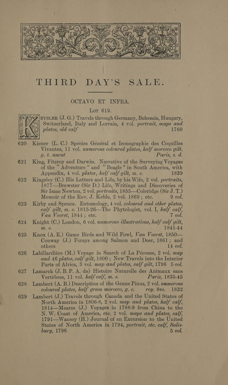  OCTAVO ET INFRA. Lot 619. EYSLER (J. G.) Travels through Germany, Bohemia, Hungary, °%| Switzerland, Italy and Lorrain, 4 vol. portrait, maps and plates, old calf 1760  S 620 Kiener (L. C.) Spécies Général et Iconographie des Coquilles Vivantes, 11 vol. numerous coloured plates, half morccco gilt, g. t. uncut Paris, s. d. 621 King, Fitzroy and Darwin. Narrative of the Surveying Voyages of the “ Adventure” and “Beagle” in South America, with Appendix, 4 vol. plates, half calf gilt, m. e. 1839 622 Kingsley (C.) His Letters and Life, by his Wife, 2 vol. portratts, 1877—Brewster (Sir D.) Life, Writings and Discoveries of Sir Isaac Newton, 2 vol. portraits, 1855—Coleridge (Sir J. T.) Memoir of the Rev. J. Keble, 2 vol. 1869 ; ete. 9 vol. 623 Kirby and Spence. Entomology, 4 vol. colowred and other piates, calf gilt, m. e. 1815-26—The Phytologist, vol. I, half calf, Van Voorst, 1844 ; ete. T vol. 624 Knight (C.) London, 6 vol. numerous illustrations, half calf gilt, Mm. @. 1841-44 625 Knox (A.E.) Game Birds and Wild Fowl, Van Voorst, 1850— Conway (J.) Forays among Salmon and Deer, 1861; and others 14 vol. 626 lLabillardiére (M.) Voyage in Search of La Pérouse, 2 vol. map and 46 plates, calf gilt, 1800 ; New Travels into the Interior Parts of Africa, 3 vol. map and plates, calf gilt, 1796 5 vol. 627 Lamarck (J.B.P. A. de) Histoire Naturelle des Animaux sans Vertébres, 11 vol. halfcalf, m. e. Paris, 1835-45 628 Lambert (A. B.) Description of the Genus Pinus, 2 vol. numerous coloured plates, half green morocco, g. @. roy. 8vo. 1832 629 Lambert (J.) Travels through Canada and the United States of North America in 1806-8, 2 vol. map and plates, half calf, 1814—Meares (J.) Voyages in 1788-9 from China to the N. W. Coast of America, etc. 2 vol. maps and plates, calf, 1791—Wansey (H.) Journal of an Excursion to the United States of North America in 1794, portrazt, etc. calf, Salis-