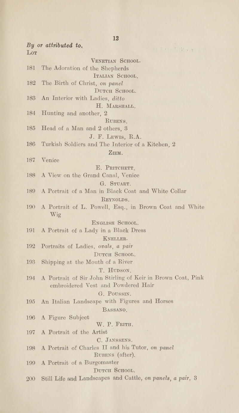 181 182 183 184 185 186 187 188 189 190 VENETIAN SCHOOL. The Adoration of the Shepherds ITALIAN SCHOOL, The Birth of Christ, on panel DutcH ScHooL. An Interior with Ladies, ditto H. MarsHaLu, Hunting and another, 2 RUBENS, Head of a Man and 2 others, 3 J. F. Lewis, R.A. Turkish Soldiers and The Interior of a Kitchen, 2 ZIEM. ~ Venice HE. PRITCHETT, A View on the Grand Canal, Venice G. STUART. A Portrait of a Man in Black Coat and White Collar REYNOLDS. A Portrait of L. Powell, Esq., in Brown Coat and White Wig ENGLISH SCHOOL. A Portrait of a Lady in a Black Dress KNELLER. Portraits of Ladies, ovals, a pair DutcH SCHOOL. Shipping at the Mouth of a River T. Hupson. A Portrait of Sir John Stirling of Keir in Brown Coat, Pink embroidered Vest and Powdered Hair G. Poussin. An Italian Landscape with Figures and Horses BASSANO, A Figure Subject W. P. Freire. A Portrait of the Artist C. JANSSENS. A Portrait of Charles IT and hig Tutor, on panel RuBENS (after). A Portrait of a Burgomaster DutcH ScHOOL. Still Life and Landscapes and Cattle, on panels, a pair, 3