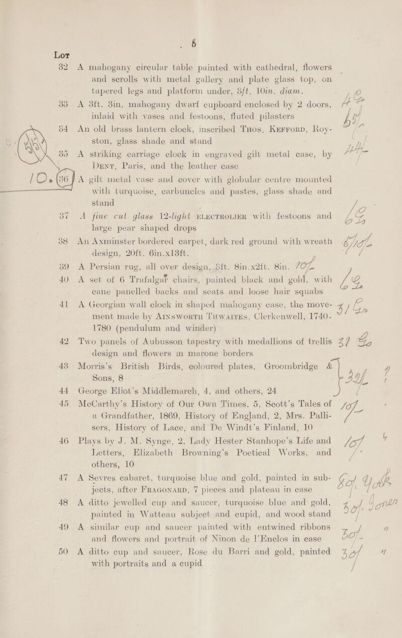 § 32 A mahogany circular table painted with cathedral, flowers and scrolls with metal gallery and plate glass top, on tapered legs and platform under, 8ft. LOm. diam. v3) 33 A ft. 8in. mahogany dwarf cupboard enclosed by 2 doors, /~  inlaid with vases and festoons, fluted pilasters Eg An old brass lantern clock, inscribed Tnos, Kurrorp, Roy- ~ /@ ston, glass shade and stand Ba A striking carriage clock in engraved gilt metal case, by / dig Dent, Paris, and the leather case A gilt metal vase and cover with globular centre mounted with turquoise, carbuncles and pastes, glass shade and stand Fe “ 37° A fine cut glass 12-light ELECTROLIER with festoons and EG oA large pear shaped drops as 88 An Axminster bordered carpet, dark red ground with wreath big, design, 20ft. 6in.x18ft. ; ae | 09 <A. Persian rug, all-over design,.5{t. 8in.x2ft. 8in. 704. 40 A set of 6 Trafalgat chairs, painted black and gold, with Le cane panelled backs and seats and loose hair squabs eras 41 A Georgian wall clock in shaped mahogany case, the move- FZ ee ment made by Arvswortu Tuwarres, Clerkenwell, 1740. Y' ~~ 1780 (pendulum and winder) e 42 Two panels of Aubusson tapestry with medallions of trellis 47 design and flowers in marone borders 43 Morris’s British Birds, coloured plates, Groombridge &amp; oe D) Sons, 8 eee ? 44 George Eliot’s Middlemarch, 4, and others, 24 / 45 McCarthy’s History of Our Own Times, 5, Scott’s Tales of &amp; < a Grandfather, 1869, History of England, 2, Mrs. Palli- sers, History of Lace, and De Windt’s Finland, 10 46 Plays by J. M. Synge, 2, Lady Hester Stanhope’s Life and Vivid 4 Letters, Elizabeth Browning’s Poetical Works, and ak others, 10 47 A Sevres cabaret, turquoise blue and gold, painted in sub- Gy A UWB, jects, after FrRaGonarD, 7 pieces and plateau in case St 48 A ditto jewelled cup and saucer, turquoise blue and gold, Loh b) fon painted in Watteau subject and cupid, and wood stand a ie 49 A similar cup and saucer painted with entwined ribbons. | / 2 and flowers and portrait of Ninon de |’Enclos in case ve 50 A ditto cup and saucer, Rose du Barri and gold, painted 4 ad 4 with portraits and a cupid /