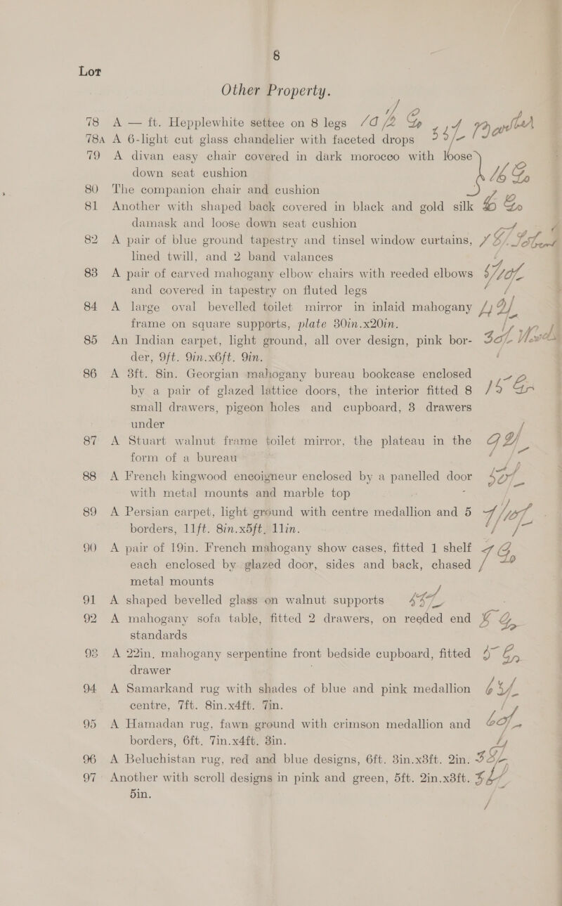 Lor Other Property. 78 A — ft. Hepplewhite settee on 8 legs /d 4 G 4 Poll 78a A 6-light cut glass chandelier with faceted drops 53 /- 79 A divan easy chair covered in dark morocco with loose down seat cushion HG 80 The companion chair and cushion Oe 81 Another with shaped back covered in black and gold silk % Go damask and loose down seat cushion a 82 A pair of blue ground tapestry and tinsel window curtains, LE Jute lined twill, and 2 band valances 83 A pair of carved mahogany elbow chairs with reeded elbows 5 101. and covered in tapestry on fluted legs is 84 <A large oval bevelled toilet mirror in inlaid mahogany Liak frame on square supports, plate 80in.x20in. iy 85 An Indian carpet, light ground, all over design, pink bor- Soh der, Oft. Gin. x6ft. Om. : 86 A 38ft. 8in. Georgian mahogany bureau bookcase enclosed = by a pair of glazed lattice doors, the interior fitted 8 } Gp small drawers, pigeon holes and cupboard, 8 drawers . under / 87 A Stuart walnut frame toilet mirror, the plateau in the G yY form of a bureau Vd tae | au Ji 1 fees Vi ow 88 A French kingwood encoigneur enclosed by a panelled door 407, with metal mounts and marble top ; 89 A Persian carpet, light ground with centre medallion and 5 dior, borders, 11ft. 8in.x5ft. 1lin. f Piles fae 90 A pair of 19in. French mahogany show cases, fitted 1 shelf 7 G each enclosed by glazed door, sides and back, chased A af metal mounts : oon 91 A shaped bevelled glass on walnut supports Ake ie 92 A mahogany sofa table, fitted 2 drawers, on reeded end 3 Die standards ae 98 A 22in. mahogany serpentine front bedside cupboard, fitted aie op drawer 94 A Samarkand rug with shades of blue and pink medallion Z of centre, Tit. 8in.x4ft. Tin. / 95 A Hamadan rug, fawn ground with crimson medallion and b | a borders, 6ft. 7in.x4ft. 3in. / 96 A Beluchistan rug, red and blue designs, 6ft. 3in.x8ft. 2in. § Gf 97 Another with scroll designs in pink and green, 5ft. 2in.x8ft. i} Bin. /