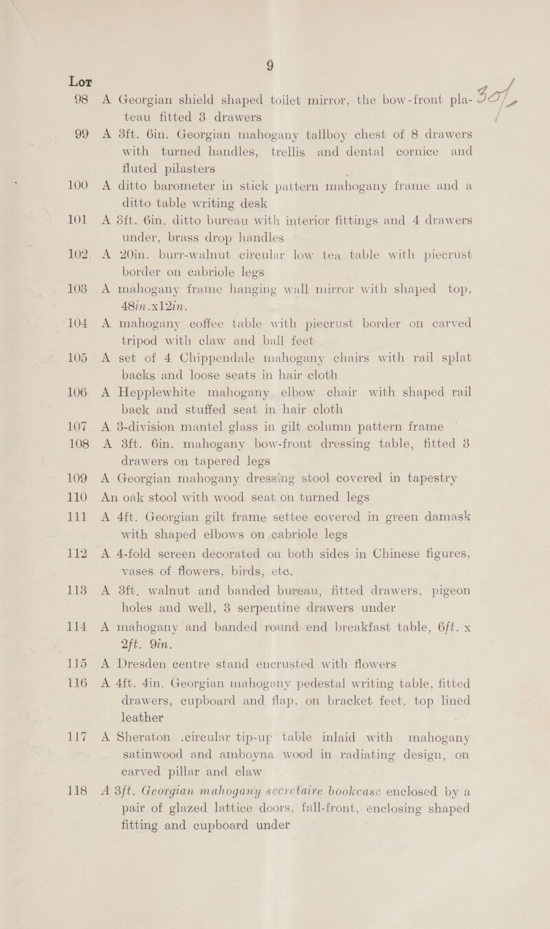 Lor 17 118 9 A Georgian shield shaped toilet mirror, the bow-front pla- teau fitted 38 drawers A 38ft. 6in. Georgian mahogany tallboy chest of 8 drawers with turned handles, trellis and dental cornice and fluted pilasters A ditto barometer in stick pattern mahogany frame and a ditto table writing desk A 38ft. 6in. ditto bureau with interior fittings and 4 drawers under, brass drop handles A 20in. burr-walnut circular low tea table with piecrust border on cabriole legs A mahogany frame hanging wall mirror with shaped top, 48in.x12in. A mahogany coffee table with piecrust border on carved tripod with claw and ball feet A set of 4 Chippendale mahogany chairs with rail splat backs and loose seats in hair cloth A Hepplewhite mahogany, elbow chair with shaped rail back and stuffed seat in hair cloth A 8-division mantel glass in gilt column pattern frame A 3ft. 6in. mahogany bow-front dressing table, fitted 3 drawers on tapered legs A Georgian mahogany dressmg stool covered in tapestry An oak stool with wood seat on turned legs A 4ft. Georgian gilt frame settee covered in green damask with shaped elbows on cabriole legs A 4-fold screen decorated on both sides in Chinese figures, vases of flowers, birds, ete. A 3ft. walnut and banded bureau, fitted drawers, pigeon holes and well, 3 serpentine drawers under A mahogany and banded round end breakfast table, 6ft. x 2Tt. OM. A Dresden centre stand encrusted with flowers A 4ft. 4in. Georgian mahogany pedestal writing table, fitted drawers, cupboard and flap, on bracket feet, top lmned leather A Sheraton .circular tip-up table inlaid with mahogany satinwood and amboyna wood in radiating design, on carved pillar and claw A 3ft. Georgian mahogany secretaire bookcase enclosed by a pair of glazed lattice doors, fall-front, enclosing shaped fitting and cupboard under % f 507 | ae | a