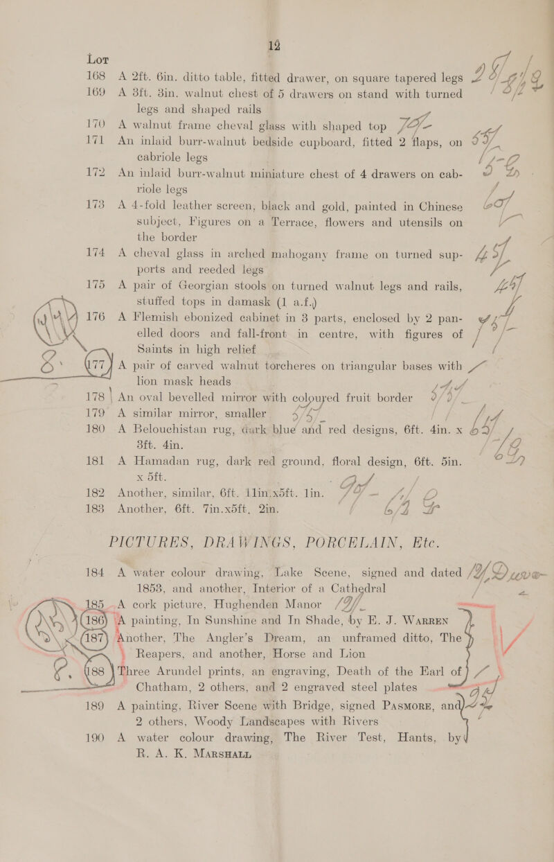 Lor | Ae: 168 A 2ft. 6in. ditto table, fitted drawer, on square tapered legs z ey y 169 A 8ft. 8in. walnut chest of 5 drawers on stand with turned i legs and shaped rails | ay 170 A walnut frame cheval glass with shaped top Ja- i A 171 An inlaid burr-walnut bedside cupboard, fitted 2 flaps, on sY cabriole legs l/- ra + 6 #) Cy 172 = An inlaid burr-walnut muniature chest of 4 drawers on cab- wf Zh ff riole legs AS, 173 A 4-fold leather screen, black and gold, painted in Chinese subject, Figures on a Terrace, flowers and utensils on y the border A 174 A cheval glass in arched mahogany frame on turned sup- Yh $/ ports and reeded legs I 4 175 A pair of Georgian stools on turned walnut legs and rails, LA stuffed tops in damask (1 a.f.,) ze 176 A Flemish ebonized cabinet in 8 parts, enclosed by 2 pan- oY /  elled doors and fall-front in centre, with figures of / “ Saints in high relief 7 ae ) A pair of carved walnut torcheres on triangular bases with ~~ , lon mask heads eas 178 | An oval bevelled mirror with coloured fruit border : ‘o i$ 179 A similar mirror, smaller 4 ee | ee 180 A Belouchistan rug, dark blue and red designs, 6ft. din. x 5 4/ Sioa Fe es 181 A Hamadan rug, dark red ground, floral design, 6ft. din. we EE x oft. nee st OF 182 Another, similar, 6ft. Alin xb. Tima. FO ~ : Ly 183 Another, 6it. Tim. x5ft,- Qua, of é, gi a PICTURES, DRAWINGS, PORCELAIN, Ete. 184 A water colour drawing, Lake Scene, signed and dated /Yf (DO uve a       1853, and another, Interior of a Cathedral = jw on 185A cork picture, Hughenden Manor , LY. tn OX 186) ‘aA painting, In Sunshine and In Shade, by E. J. WaRREN | \&amp; (187) 3 ‘Another, The Angler’s Dream, an unframed ditto, The ) of St } a and nee Horse one Lion ¥ | Chinen 2 shen and 2 engraved esl plates me i 189 A painting, River Scene with Bridge, signed PasmMorsg, an q) J Ye 2 others, Woody Landscapes with Rivers é 190 A water colour drawing, The River Test, Hants, by R. A. K. MarsHaun