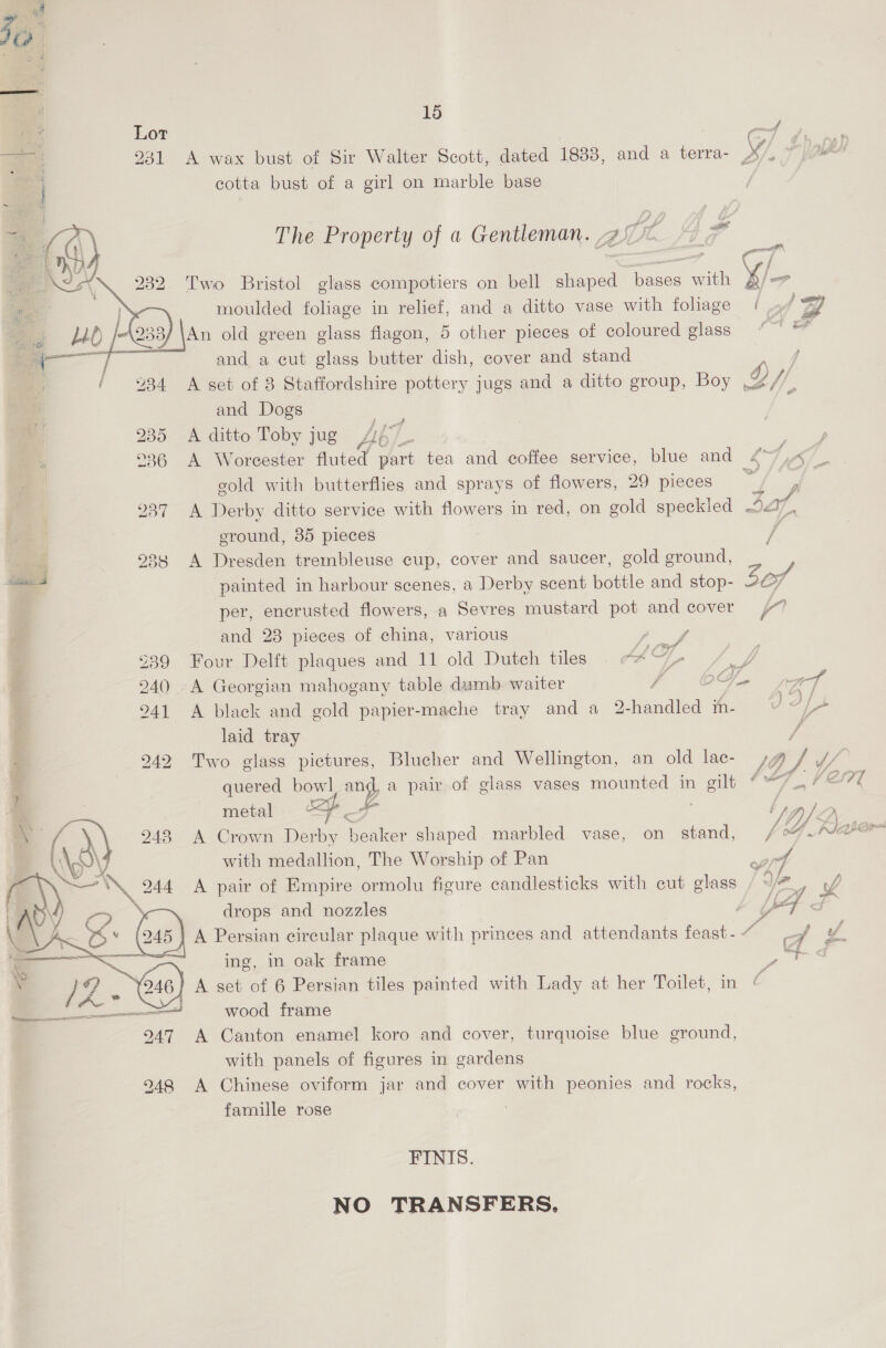 Lot | ny 4 fi es 231 A wax bust of Sir Walter Scott, dated 1833, and a terra- Z : : cotta bust of a girl on marble base  | of ?, aa) | at 8) The Property of a Gentleman. AIP LF. =  232 Two Bristol glass compotiers on bell shaped bases with ve moulded foliage in relief, and a ditto vase with foliage / a4 : : poe (253) | An old green glass flagon, 5 other pieces of coloured glass Babi. 3 and a cut glass butter dish, cover and stand ee / 984 A set of 3 Staffordshire pottery jugs and a ditto group, Boy YD : and Dogs ; at 235 A ditto Toby jug £4 / 936 A Worcester fluted part tea and coffee service, blue and “~* gold with butterflies and sprays of flowers, 29 pieces 937 A Derby ditto service with flowers in red, on gold speckled 2277, eround, 85 pieces | 238 A Dresden trembleuse cup, cover and saucer, gold ground, painted in harbour scenes, a Derby scent bottle and stop- Zef per, encrusted flowers, a Sevres mustard pot and cover /” and 28 pieces of china, various  - 939 Four Delft plaques and 11 old Dutch tiles “ZW /_ 240 -A Georgian mahogany table dumb waiter 4 2G ae rat 241 A black and gold papier-mache tray and a 2-handled m- ) z, i. laid tray Fé ; 942 Two glass pictures, Blucher and Wellington, an old lac- )g 7 f/ ; quered bowl any a pair of glass vases mounted in ee OAT _ VE x metal “< tT bi git A Crown Der Be alae shaped marbled vase, on stand, fd. Arahar with medallion, The Worship of Pan wt A pair of Empire ormolu figure candlesticks with cut glass / “ye g sh drops and nozzles | LF J A Persian circular plaque with princes and attendants feast - A A vA = ing, in oak frame y “4 A set of 6 Persian tiles painted with Lady at her Toilet, in wood frame 247 A Canton enamel koro and cover, turquoise blue ground, with panels of figures in gardens 248 A Chinese oviform jar and cover with peonies and rocks, famille rose |  FINIS. NO TRANSFERS.