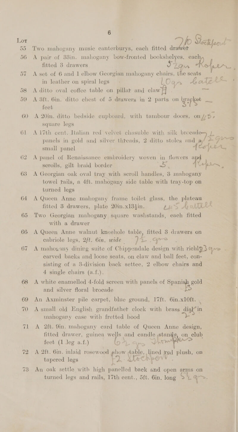 64 65 66 67 68 69 70 cms 72 2p Viedhife A pair of 88in. mahogany bow-fronted hookshelyes ps Two mahogany music canterburys, each fitted dr fitted 3 drawers LOM Re of ~~. A set of 6 and 1 elbow Georgian mahogany cies the seats ; in leather on spiral legs LOar 4, atZ Cs A ditto oval coffee table on pillar and claw} ; eae A 8ft. 6in. ditto chest of 5 drawerg in 2 parts on wupket = feet | A 20in. ditto bedside cupboard, with tambour doors, on /, % square legs A 17th cent. Italian red velvet chasuble with silk brocadess ) panels in gold and silver threads, 2 ditto stoles and a)/ « f 5 J small panel 4 te pec, A panel of Renaissance embroidery woven in flowers and | r y¥ serolls, gilt braid border oF 0 1 pi ae A Georgian oak oval tray with scroll handles, 8 mahogany towel rails, a 4{t. mahogany side table with tray-top on turned legs A Queen Anne mahogany frame toilet glass, the plateau _ fitted 3 drawers, plate 20in.x13}in. Les Ay oliie | Two Georgian mahogany square washstands, each fitted with a drawer A Queen Anne walnut kneehole table, fitted 8 drawers on cabriole legs, 2ft. 6in. wide ae Pe oe. ; LAP ee al : A mahogany dining suite of Chipp: ah ee with richl9 3 a carved backs and loose seats, on claw and ball feet, con- sisting of a 8-division back settee, 2 elbow chairs and 4 single chairs (a.f.). at A white enamelled 4-fold screen with panels of Spanish gold and silver floral brocade fS An Axminster pile carpet, blue ground, 17ft. 6in.x1l0ft. A small old English grandfather clock with brass dial*in mahogany case with fretted hood oe A 2ft. 9m. mahogany card table of Queen Anne design, fitted drawer, guinea wells and candle , oe s, on_club  feet (1 leg -a.ic) G Aree ig. A 2ft. 6m. inlaid rosewood show table, ined red plush, on tapered legs 2. AAO pov An oak settle with high panelled back and open arms on turned legs and rails, 17th cent., 5ft. 6in. long — sf ’ 