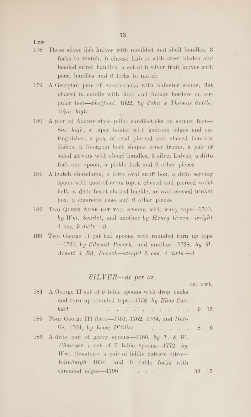 178 179 180 181 182 1838 184 185 186 13 Three silver fish knives with moulded and shell handles, 3 forks to match, 6 cheese knives with steel blades and beaded silver handles, a set of 6 silver fruit knives with pearl handles and 6 forks to match A Georgian pair of candlesticks with baluster stems, flat chased in serolls with sheil and foliage borders on c¢ir- cular feet—Sheffield, 1822, by John &amp; Thomas Settle, 10hin. high A pur of Adams style pillar candlesticks on square feet— Sin. high, a taper holder with gadroon edges and ex- tinguisher, a pair of oval pierced and chased bon-bon dishes, a Georgian boat shaped cruet frame, a pair of salad servers with ebony handles, 3 silver knives, a ditto fork and spoon, a pickle fork and 6 other pieces A Dutch chatelaine, a ditto oval snuff box, a ditto serving spoon with coat-of-arms top, a chased and pierced waist belt, a ditto heart shaped buckle, an oval chased trinket box, a cigarette case and 6 other pieces Two QUEEN ANNE RAT TAIL SPOONS with wavy tops—1700. by Wm. Scarlet, and another by Henry Green—weight 4 ozs. 9 dwts.—3 Two George II rat tail spoons with rounded turn up tops —17381, by Edward Pocock, and another—1728, by M. Arnett &amp; Hd. Pocock—weight 5 ozs. 4 dwts.— SILVER—at per oz. oz. dwt. A George II set of 5 table spoons with drop backs and turn up rounded tops—1758, by Elias Cac- hart Dg ee re ge ce ey OL. lo) Four George IIT ditto—1761, 1762, 1764, and Dub- lin, 1764, by Isaac D’Olier eet ee 8 6 A ditto pair of gravy spoons—1768, by T. &amp; W. Chawner, a set of 5 table spoons—1772, by Wm, Genstone, a pair of fiddle pattern ditto— Edinburgh 1834, and 6 table forks with threaded edges—1798 Nea 2 iememmmmes:s ee)