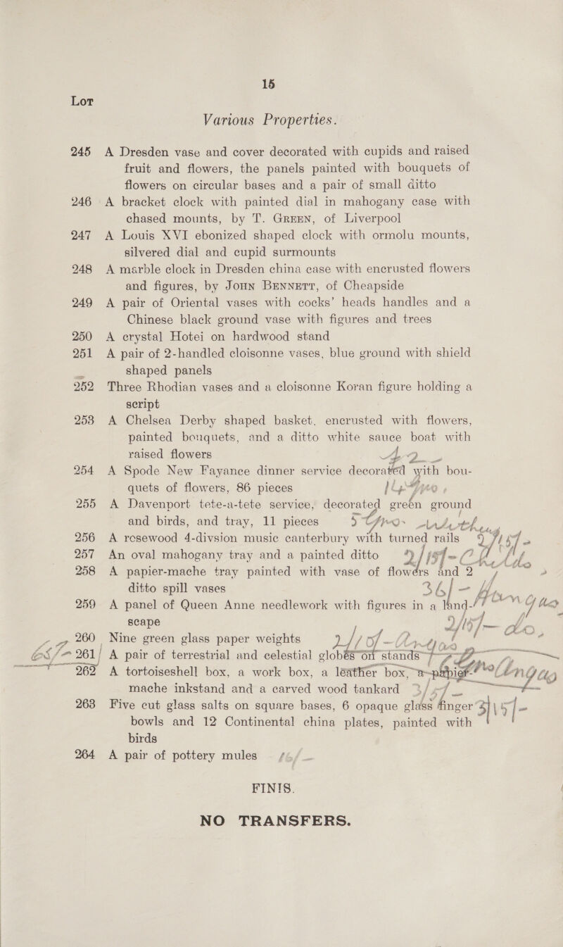 Lot 245 264 15 Various Properties. A Dresden vase and cover decorated with cupids and raised fruit and flowers, the panels painted with bouquets of flowers on circular bases and a pair of small ditto A bracket clock with painted dial in mahogany case with chased mounts, by T. Green, of Liverpool A Louis XVI ebonized shaped clock with ormolu mounts, silvered dial and cupid surmounts A marble clock in Dresden china case with encrusted flowers and figures, by Joun Benner, of Cheapside A pair of Oriental vases with cocks’ heads handles and a Chinese black ground vase with figures and trees A erystal Hotei on hardwood stand A pair of 2-handled cloisonne vases, blue ground with shield shaped panels Three Rhodian vases and a cloisonne Koran ane holding a seript A Chelsea Derby shaped basket, encrusted with flowers, painted bouquets, and a ditto white sauce boat with A raised flowers ¢2 7) A Spode New Fayance dinner service decorated ‘yith bou- quets of flowers, 86 pieces |e A Davenport tete-a-tete service, decorated ereen ground and birds, and tray, 11 pieces 5° Gro minh opel hag A rosewood 4-divsion music canterbury with ao pails WK Ee An oval mahogany tray and a painted ditto 9 / / 197 7 Ay nv, ef A papier-mache tray painted with vase of flowérs fad Oe ee ditto spill vases %Ll— Z 4, i A panel of Queen Anne needlework with figures in a It nd- hom i. Mec scape ; / _ Nine green glass paper weights 4 A pair of terrestrial and celestial pied Cot stands) ¢.  dois ictany and a ened wood Santeard”’ 3/5 Five cut glass salts on square bases, 6 opaque oleae ne, cae , bowls and 12 Continental china plates, painted with birds A pair of pottery mules /4 FINIS. NO TRANSFERS.