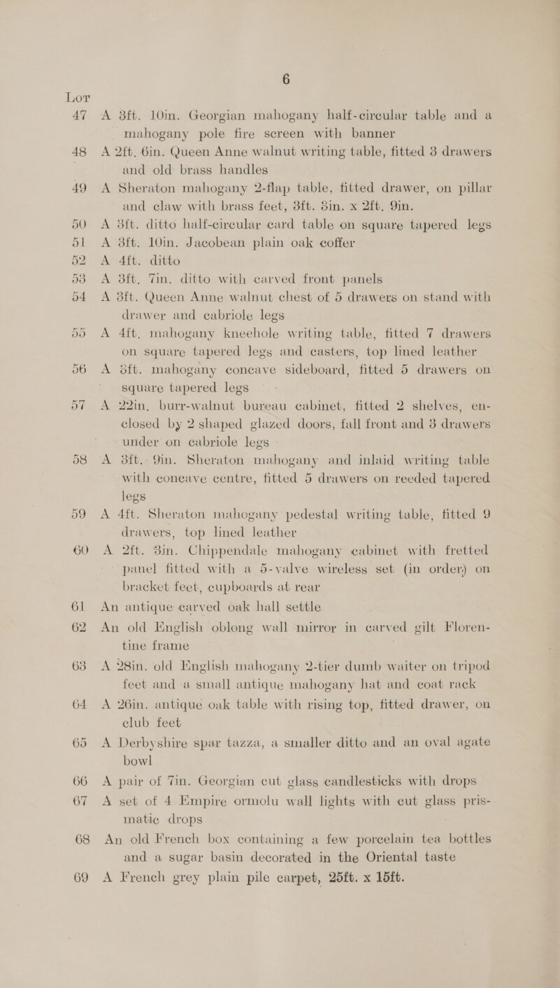 A 8ft. 10in. Georgian mahogany half-cireular table and a mahogany pole fire screen with banner A 2ft, 6in. Queen Anne walnut writing table, fitted 3 drawers and old brass handles A Sheraton mahogany 2-flap table, fitted drawer, on pillar and claw with brass feet, 3ft. 8in. x 2ft. Qin. A 3ft. ditto half-circular card table on square tapered legs A 38ft. 10in. Jacobean plain oak coffer A 4ft. ditto A 3ft. Tin. ditto with carved front panels A 8ft. Queen Anne walnut chest of 5 drawers on stand with drawer and cabriole legs A 4ft, mahogany kneehole writing table, fitted 7 drawers on square tapered legs and casters, top lined leather A 8ft. mahogany concave sideboard, fitted 5 drawers on ' square tapered legs A 22in, burr-walnut bureau cabinet, fitted 2 shelves, en- closed by 2 shaped glazed doors, fall front and 8 drawers -under on cabriole legs A 3ft. 9in. Sheraton mahogany and inlaid writing table with coneave centre, fitted 5 drawers on reeded tapered legs A 4ft. Sheraton mahogany pedestal writing table, fitted 9 drawers, top lined leather A 2ft. 3m. Chippendale mahogany cabinet with fretted panel fitted with a 5-valve wireless set (in order) on bracket feet, cupboards at rear An antique carved oak hall settle An old English oblong wall mirror in carved gilt Floren- tine frame me A 28in. old English mahogany 2-tier dumb waiter on tripod feet and a small antique mahogany hat and coat rack A 26in. antique oak table with rising top, fitted drawer, on club feet A Derbyshire spar tazza, a smaller ditto and an oval agate bowl A pair of Tin. Georgian cut glass candlesticks with drops A set of 4 Empire ormolu wall lights with cut glass pris- matic drops An old French box containing a few porcelain tea bottles and a sugar basin decorated in the Oriental taste A French grey plain pile carpet, 25ft. x 15ft.
