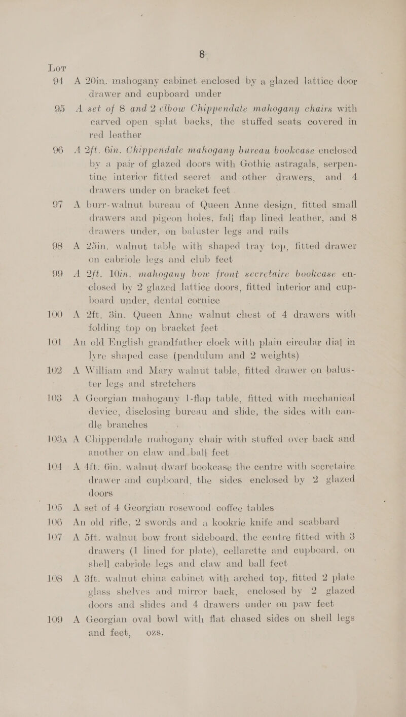 Ca — ~] 1084 104 105 106 LOY 108 109 3) A 20in. mahogany cabinet enclosed by a glazed lattice door drawer and cupboard under A set of 8 and 2 clbow Chippendale mahogany chairs with earved open splat backs, the stuffed seats covered in red leather 7 A 2ft. Gin. Chippendale mahogany bureau bookcase enclosed by a pair of glazed doors with Gothic astragals, serpen- tine interior fitted secret and other drawers, and 4 drawers under on bracket feet | A burr-walnut bureau of Queen Anne design, fitted small drawers and pigeon holes, fall flap ined leather, and 8 drawers under, on baluster legs and rails A 25in. walnut table with shaped tray top, fitted drawer on cabriole legs and club feet A 2ft. 10in. mahogany bow front secretaire bookcase en- closed by 2 glazed lattice doors, fitted interior and cup- board under, dental cornice A 2ft. 38in. Queen Anne walnut chest of 4 drawers with folding top on bracket feet An old English erandfather clock with plain circular dial in Ivre shaped case (pendulum and 2 weights) A William and Mary walnut table, fitted drawer on balus- ter legs and stretchers A Georgian mahogany I-flap table, fitted with mechanical device, disclosing bureau and slide, the sides with can- dle branches \ A Chippendale mahogany chair with stuffed over back and another on claw and_bal| feet A 4ft: 6in. walnut dwarf bookease the centre with secretaire drawer and cupboard, the sides enclosed by 2 glazed doors A set of 4 Georgian rosewood. coftee tables An old rifle, 2 swords and a kookrie knife and scabbard A d5ft. walnut bow front sideboard, the centre fitted with 3 drawers (1 lined for plate), cellarette and cupboard, on shell cabriole legs and claw and ball feet A 8ft. walnut china cabinet with arched top, fitted 2 plate glass shelves and mirror back, enclosed by 2. glazed doors and slides and 4 drawers under on paw feet A Georgian oval bowl with flat chased sides on shell legs and feet, ozs.