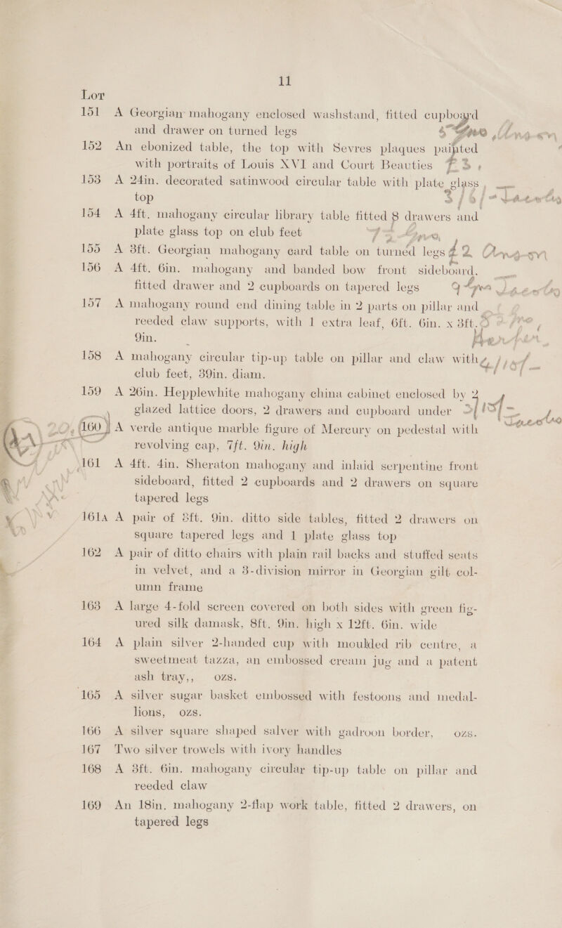  Tor 163 TE and drawer on turned legs 4S An ebonized table, the top with Sevres plaques painted Lo] 4 : ec ae : do with portraits of Louis XVI and Court Beauties [2+  o A 4ft. mahogany circular library table titted 8 drawers oe! a plate glass top on club feet 7 Saya € é > fitted drawer and 2 cupboards on tapered legs A mahogany round end dining table in 2 parts on pillar ad reeded claw supports, with 1 extra leaf, 6ft. Gin. x 3ft. club feet, 39in. diam. A 26in. Hepplewhite mahogany china cabinet enclosed by 2 glazed lattice doors, 2 drawers and cupboard under revolving cap, 7ft. Yin. high A 4ft. din. Sheraton mahogany and inlaid serpentine front sideboard, fitted 2 cupboards and 2 drawers on square tapered legs | A pair of 8ft. Qin. ditto side tables, fitted 2 drawers on Square tapered legs and 1 plate glass top A pair of ditto chairs with plain rail backs and stuffed seats in velvet, and a 8-division mirror in Georgian gilt col- umn frame A large 4-fold screen covered on both sides with green fig- ured silk damask, 8ft. 9in. high x 12ft. Gin. wide A plain silver 2-handed cup with moulded rib centre, a sweetmeat tazza, an embossed cream jug and a patent ash tray,, OZs. lions, ozs. A silver square shaped salver with gadroon border, — ozs. Two silver trowels with ivory handles A ft. 6in. mahogany circular tip-up table on pillar and reeded claw An 18in, mahogany 2-flap work table, fitted 2 drawers, on tapered legs