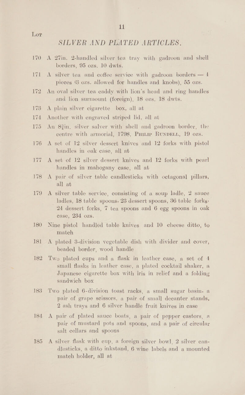 £79 180 181 182 183 11 SILVER AND PLATED ARTICLES, A 27in. 2-handled silver tea tray with gadroon and shell borders, 95 ozs. 10 dwts. A silver tea and coffee service with gadroon borders — 4 pieces (8 ozs. allowed for handles and knobs), 55 ozs. An oval silver tea caddy with lion’s head and ring handles and lion surmount (foreign), 18 ozs. 18 dwts. A plain silver cigarette box, all at Another with engraved striped lid, all at An 8#in, silver salver with shell and gadroon border, the centre with armorial, 1798, Paitip RunpELL, 19 ozs. A set of 12 silver dessert knives and 12 forks with pistol handles in oak case, all at A set of 12 silver dessert knives and 12 forks with pearl handles in mahogany case, all at A pair of silver table candlesticks with octagonal pillars, all at A silver table service, consisting of a soup ladle, 2 sauce ladles, 18 table spoons, 23 dessert spoons, 36 table forks: 24 dessert forks, 7 tea spoons and 6 egg spoons in oak case, 234 ozs. Nine pistol handled table knives and 10 cheese ditto, to match A plated 8-division vegetable dish with divider and cover, beaded border, wood handle Two plated cups and a flask in leather case, a set of 4 small flasks in leather case, a plated cocktail shaker, a Japanese cigarette box with irig in relef and a folding sandwich box ‘Two plated 6-division toast racks, a small sugar basin, a pair of grape scissors, a pair of small decanter stands, 2 ash trays and 6 silver handle fruit knives in case A pair of plated sauce boats, a pair of pepper castors, a pair of mustard pots and spoons, and a pair of circular salt cellars and spoons A silver flask with cup, a foreign silver bow], 2 silver can- dlesticks, a ditto inkstand, 6 wine labels and a mounted match holder, all at