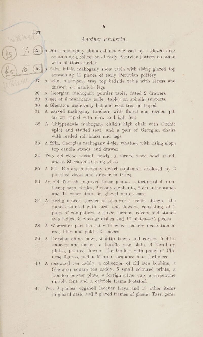 Es) Lot —7 f , (25 |) /) tY # Another Property. ‘A 26in. mahogany china cabinet enclosed by a glazed door containing a collection of early Peruvian pottery on stand with platform under bd 1% COU Co hoy HH OO ®D ey) bo 38 39 AQ 4] containing 11 pieces of early Peruvian pottery 24in. mahogany tray top bedside table with recess and drawer, on cabriole legs reorgian mahogany powder table, fitted 2 drawers set of 4 mahogany coffee tables on spindle supports Sheraton mahogany hat and coat tree on tripod A carved mahogany torchere with fluted and reeded pil- lar on tripod with claw and ball feet A Chippendale mahogany child’s high chair with Gothic splat and stuffed seat, and a pair of Georgian chairs with reeded rail backs and legs oe p> p> A 22in, Georgian mahogany 4-tier whatnot with rising slope top candle stands and drawer Two old wood wassail bowls, a turned wood bowl stand, and a Sheraton shaving glass A 8ft. Empire mahogany dwarf cupboard, enclosed by 2 panelled doors and drawer in frieze An old Turkish engraved brass plaque, a tortoiseshell min- iature harp, 2 tiles, 2 ebony elephants, 2 decanter stands and 14 other items in glazed maple case A Berlin dessert service of openwcrk trellis design, the panels painted with birds and flowers, consisting of 2 pairs of compotiers, 2 sauce tureens, covers and stands two ladles, 3 circular dishes and 10 plates—25 pieces A Worcester part tea set with wheel pattern decoration in red, blue and gold—13 pieces A Dresden china bowl, 2 ditto bowls and covers, 5 ditto saucers and dishes, a famille rose plate, 3 Bernburg plates, painted flowers, the borders with panel of Chi- nese figures, and a Minton turquoise blue jardiniere A rosewood tea caddy, a collection of old lace bobbins, a Sheraton square tea caddy, 5 small coloured prints, a London pewter plate, a foreign silver cup, a serpentine marble font and a cabriole frame footstool Two Japanese eggshell lacquer trays and 13 other items in glazed case, and 2 glazed frames of plaster Tassi gems