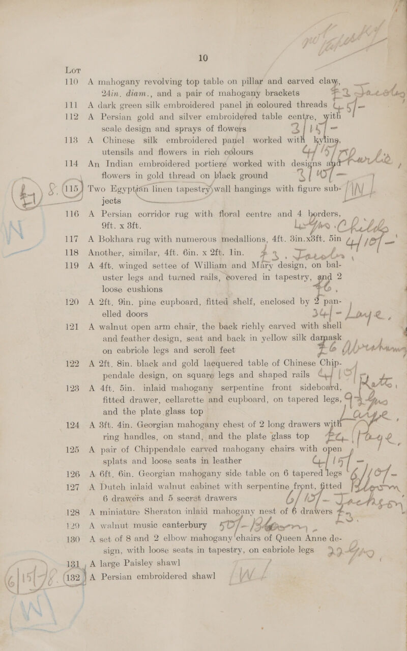 -. (Lauer: . Wl 4 j yp ¢ 7 4 | 10 ee ; Lor | 110 A mahogany revolving top table on pillar and carved claxp, _ 24in. diam., and a pair of mahogany brackets ae pit tig 111 A dark green silk embroidered panel in coloured ae U. 6f— , 112 A Persian gold and silver embroidered table a iat scale design and sprays of flowers a 118. A Chinese silk embroidered panel worked 7 iy 5 f 114 An Indian embroidered portiere worked with Sic a al flowers in gold thread on black ground x8 t  utensils and flowers in rich colours ¢,} ar Otis atv. Lys Yin CRhebh A 117 A Bokhara rug with numerous medallions, 4ft. 3in.x8ft. 5in 9 om 118 Another, similar, 4ft. 6in. x 2f. lin. 4 ic arr ye a } 119 A 4ft. winged settee of William and Mary design, on bal- uster legs and turned rails, covered in tapestry, a a loose cushions 4¢ 120 A 2ft. Yin. pine cupboard, fitted shelf, enclosed by ey elled doors 3G.] = ee 2. y 121 A walnut open arm chair, the back richly carved with shell f and feather design, seat and back in yellow silk damask ay ‘ on ecabriole legs and scroll feet a: UA tiass 7 122 A 2ft. 8in. black and gold lacquered table of Ciehieae. Chip- pendale design, on square legs and shaped rails é S| to 123 A 4ft. 5in. inlaid mahogany serpentine front sideboard, Re fitted drawer, cellarette and cupboard, on tapered legs, 4 poo 4 and the plate glass top Oy 124 <A 8ft. 4in. Georgian mahogany chest of 2 long drawers w yh ring handles, on stand, and the plate glass top a} a ie splats and loose seats in leather 126 A 6ft, 6in. Georgian mahogany side table on 6 tapered legs (o7~ 127 A Dutch inlaid walnut cabinet with serpentine Tey - Whe : 6 drawers and 5 secrat drawers ls/ a 125 A pair of Chippendale carved mahogany chairs. with Ap #2 or es ak 128 A miniature Sheraton inlaid mahogany nest of eae tn, é com 129 A walnut music canterbury 4D 7. Biter. \ 2 130 A set of 8 and 2 elbow mahogany chairs of Queen Anne de- sign, with loose seats in tapestry, on: calnate legs 0 4. “4 31 , A large Paisley 5 cali f 