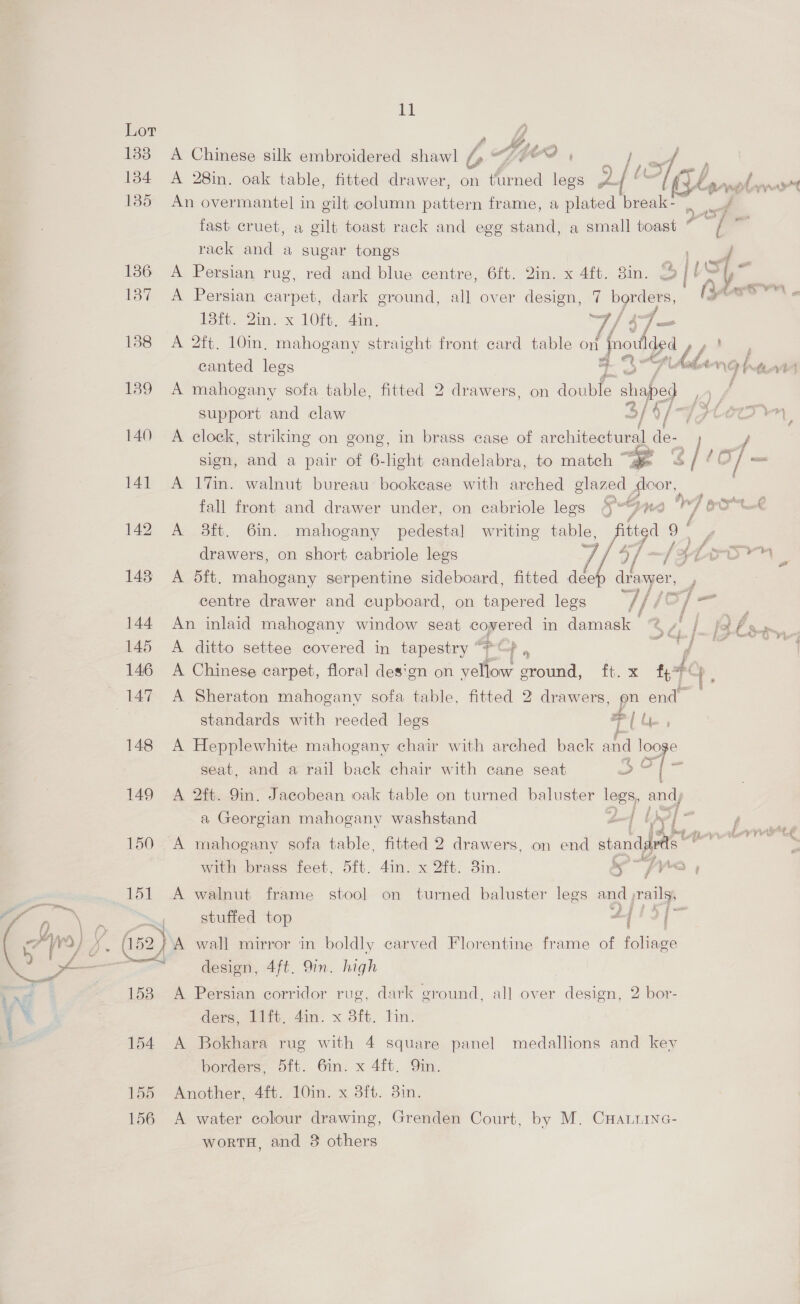 133 184 135 136 137 188 139 140 141 154 155 156 il ff 2 A Chinese silk embroidered shawl / fo Ny Gr An overmantel] in gilt column pattern frame, a pind ‘break rack and a sugar tongs A Persian rug, red and blue centre, 6ft. Qin. x 4ft. 8in. Go]! A Persian carpet, dark ground, all over design, 7 borders, itt. Zim, x LO. Aim. “7/4 fj of A 2ft, 10in, mahogany straight front card table on forded iw 3 a d ‘dl p< A mahogany sofa table, fitted 2 drawers, on double shaped support and claw 5] 9/  sign, and a pair of 6-hght candelabra, to match “ge A 17in. walnut bureau bookease with arched phited or: A 38ft. 6m. mahogany pedestal writing table, drawers, on short cabriole legs es A d5ft. mahogany serpentine sideboard, fitted ade centre drawer and cupboard, on tapered legs An inlaid mahogany window seat Coyered in deus A ditto settee covered in tapestry “PCF , J A Chinese carpet, floral design on tee sround, ft. x ff e  A Sheraton mahogany sofa table, fitted 2 drawers, pp end standards with reeded legs ga | Ly A Hepplewhite mahogany chair with arched back and | ooge seat, and a rail back chair with cane seat ee { i A 2ft. 9in. Jacobean oak table on turned baluster legs, sl  a Georgian mahogany washstand ie j A mahogany sofa table, fitted 2 drawers, on end stands hg with brass feet, 5ft. 4in. x 2ft. 3in. 5 FYS 5 A walnut frame stool on turned baluster legs and ;rails, stuffed top f i ‘Sd A wall mirror in boldly carved Florentine frame of foliage desion, 4ft. 9in. high A Persian corridor rug, dark ground, all over design, 2 bor- dere sti 4m. x 3ft. bin: A Bokhara rug with 4 square panel medallions and key borders, 5ft. 6in. x 4ft. Qin. Another, 4ft. 10in. x 8ft. 3in. A water colour drawing, Grenden Court, by M. CHa.iine-