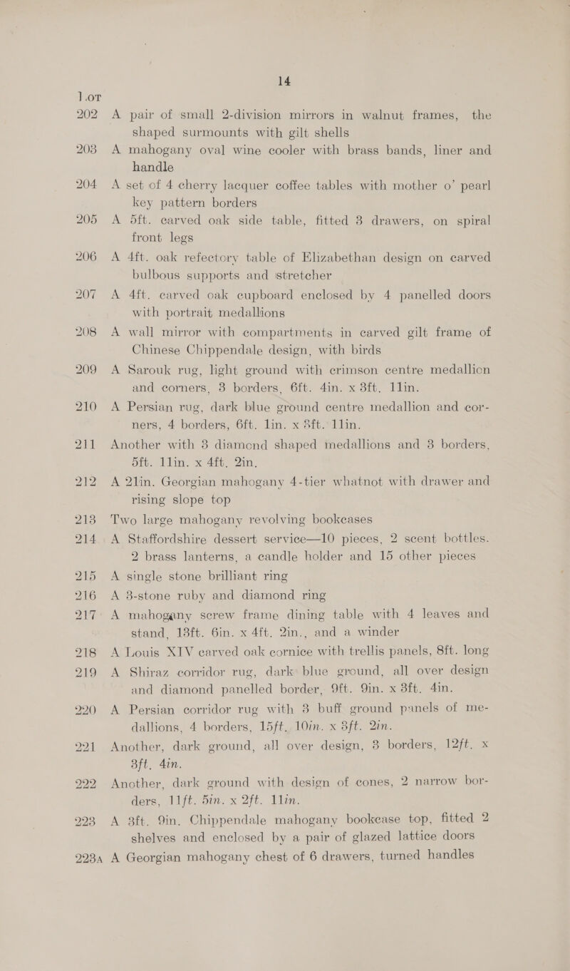223 A pair of small 2-division mirrors in walnut frames, the shaped surmounts with gilt shells A mahogany oval wine cooler with brass bands, liner and handle A set of 4 cherry lacquer coffee tables with mother o’ pearl key pattern borders A oft. carved oak side table, fitted 8 drawers, on spiral A 4ft. oak refectory table of Ehzabethan design on carved bulbous supports and ‘stretcher A 4ft. carved oak cupboard enclosed by 4 panelled doors with portrait medallions A wall mirror with compartments in carved gilt frame of Chinese Chippendale design, with birds A Sarouk rug, ight ground with crimson centre medallion and corners, 8 borders, 6ft. 4in. x 8ft. 1lin. A Persian rug, dark blue ground centre medallion and cor- ners, 4 borders, 61. lin, x 3it.rtiin. Another with 8 diamond shaped medallions and 8 borders, dft. llin. x 4ft. 2in. A 2lin. Georgian mahogany 4-tier whatnot with drawer and rising slope top Two large mahogany revolving bookcases A Staffordshire dessert service—l0 pieces, 2 scent bottles. 2 brass lanterns, a candle holder and 15 other pieces A single stone brilliant ring A 8-stone ruby and diamond ring A mahogany screw frame dining table with 4 leaves and stand, 13ft. 6in. x 4ft. 2in., and a winder A Louis XTV earved oak cornice with trellis panels, 8ft. long A Shiraz corridor rug, dark: blue ground, all over design and diamond panelled border, 9ft. 9in. x 38ft. 4in. A Persian corridor rug with 8 buff ground panels of me- dallions, 4 borders, 15ft.. 10in. x 8ft. 2in. Another, dark ground, all over design, 8 borders, 12ft. x 3ft. 4in. Another, dark ground with design of cones, 2 narrow bor- ders, l1ft. 5m. x 2ft. Ll. A 3ft. 9in. Chippendale mahogany bookease top, fitted 2 shelves and enclosed by a pair of glazed lattice doors