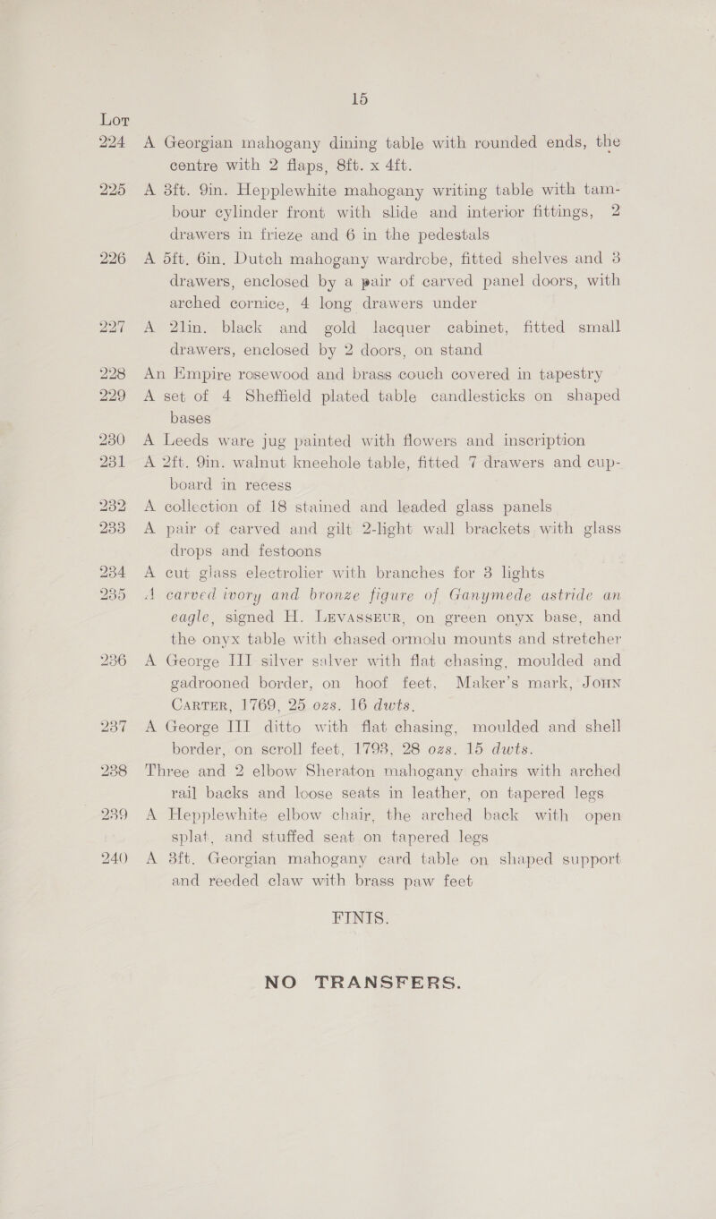 226 A Georgian mahogany dining table with rounded ends, the A 3ft. 9in. Hepplewhite mahogany writing table with tam- bour cylinder front with slide and interior fittings, 2 drawers in frieze and 6 in the pedestals A dft, 6in, Dutch mahogany wardrobe, fitted shelves and 3 drawers, enclosed by a pair of carved panel doors, with arched cornice, 4 long drawers under A 2lin. black and gold lacquer cabinet, fitted small drawers, enclosed by 2 doors, on stand An Empire rosewood and brass couch covered in tapestry A set of 4 Sheffield plated table candlesticks on shaped bases A Leeds ware jug painted with flowers and inscription A 2ft. 9in. walnut kneehole table, fitted 7 drawers and cup- board in recess A collection of 18 stained and leaded glass panels A pair of carved and gilt 2-lheht wall brackets with glass drops and festoons A cut glass electrolier with branches for 3 lights A carved ivory and bronze figure of Ganymede astride an eagle, signed H. LevAssEUR, on green onyx base, and the onyx table with chased ormolu mounts and stretcher A George III silver salver with flat chasing, moulded and gadrooned border, on hoof feet, Maker’s mark, JoHn CARTER, 1769, 25 ozs. 16 dwts. A George III ditto with flat chasing, moulded and shell border,.on scroll feet, 1798, 28 ozs. 15 dwts. Three and 2 elbow Sheraton mahogany chairs with arched rail backs and loose seats in leather, on tapered legs A Hepplewhite elbow chair, the arched back with open splat, and stuffed seat on tapered legs A 3ft. Georgian mahogany ecard table on shaped support and reeded claw with brass paw feet FINIS. NO TRANSFERS.