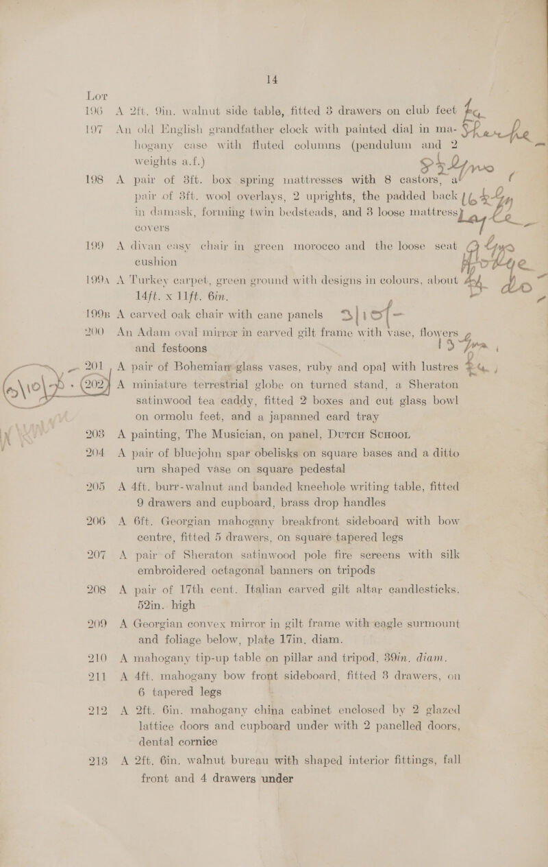 eos An old English grandfather clock with painted dial in ma- hogany case with fluted columns (pendulum and 2 Shernfie | pair of 8ft. wool overlays, 2 uprights, the padded back GOVeLrS A divan easy chair in green morocco and the loose seat cushion A Turkey carpet, green ground with designs in colours, about ° : 4 A carved oak chair with cane panels *% 1S ~ Sa Neat LG RYy A)   A 99 foVoe_ + de A pair of Bohemian glass vases, ruby and opal with lustres A miniature terrestrial globe on turned stand, a Sheraton satinwood tea caddy, fitted 2’ boxes and cut glass bowl on ormolu feet, and a japanned card tray A painting, The Musician, on panel, DurcH ScHoor A pair of bluejohn spar obelisks on square bases and a ditto urn shaped vase on square pedestal A 4ft. burr-walnut and banded kneehole writing table, fitted 9 drawers and cupboard, brass drop handles A 6ft. Georgian mahogany breakfront sideboard with bow centre, fitted 5 drawers, on square tapered legs A pair of Sheraton satinwood pole fire sereens with silk embroidered octagonal banners on tripods A pair of 17th cent. Italian carved gilt altar candlesticks, 52in. high A Georgian convex mirror in gilt frame with eagle surmount and foliage below, plate 17in, diam. A mahogany tip-up table on pillar and tripod, 389i. diam. A 4ft. mahogany bow front sideboard, fitted 38 drawers, on 6 tapered legs A 2ft. 6in. mahogany china cabinet enclosed by 2 glazed lattice doors and cupboard under with 2 panelled doors, dental cornice A 2ft. Gin. walnut bureau with shaped interior fittings, fall front and 4 drawers under EO