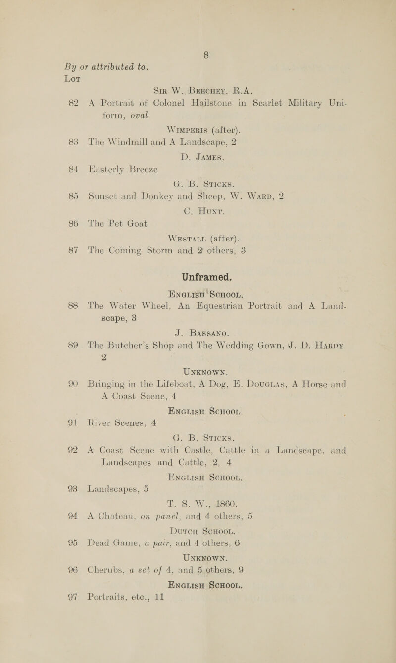 86 87 88 89 90 91 92 93 94 95 96 Sir W..Brecuery, R.A. A Portrait of Colonel Hailstone in Scarlet Military Uni- form, oval WIMPERIS (after). The Windmill and A Landscape, 2 D. JAMES. Easterly Breeze G. |B. STIcKs. Sunset and Donkey and Sheep, W. Warp, 2 Cegiont. The Pet Goat | WESTALL (after). The Coming Storm and 2 others, 8 Unframed. ENGLISH SCHOOL. The Water Wheel, An Equestrian Portrait and A Land- scape, 3 J. Bassano. The Butcher’s Shop and The Wedding Gown, J. D. Harpy 5 2 UNKNOWN. Bringing in the Lifeboat, A Dog, E. Dovauas, A Horse and A Coast Scene, 4 ENGLISH SCHOOL. River Scenes, 4 G. 1B. STICKS. A Coast Scene with Castle, Cattle in a Landscape, and Landscapes and Cattle, 2, 4 ENnGLisH SCHOOL. Landscapes, 5 TS. Wiese: A Chateau, on panel, and 4 others, 5 DutcH SCHOOL. Dead Game, a pair, and 4 others, 6 UNKNOWN. Cherubs, a set of 4, and 5 others, 9 ENGLISH SCHOOL,