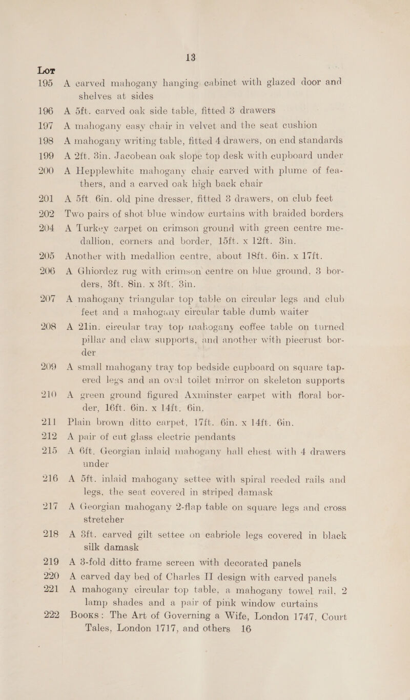 195 196 Loe 198 199 200 201 202 204 205 206 207 208 13 A earved mahogany hanging cabinet with glazed door and shelves at sides A d5ft. carved oak side table, fitted 8 drawers A mahogany easy chair in velvet and the seat cushion A mahogany writing table, fitted 4 drawers, on end standards A 2ft. 8in. Jacobean oak slope top desk with cupboard under A Hepplewhite mahogany chair carved with plume of fea- thers, and a carved oak high back chair A 5ft. 6in. old pine dresser, fitted 8 drawers, on club feet Two pairs of shot blue window curtains with braided borders A Turkey carpet on crimson ground with green centre me- dallion, corners and border, 15ft. x 12ft. 8in. Another with medallion centre, about 18ft. 6in. x 17ft. A Ghiordez rug with crimson centre on blue ground, 8 bor- ders, Sf. Sin. x 3it- 3in. A mahogany triangular top table on circular legs and club feet and a mahoguay circular table dumb waiter A 2lin: circular tray top mahogany coffee table on turned pillar and claw supports, and another with piecrust bor- der A small mahogany tray top bedside cupboard on square tap- ered legs and an oval toilet mirror on skeleton supports A green ground figured Axminster carpet with floral bor- der, 16ft. Gin. x 14ft. Gin. Plain brown ditto carpet, 17ft. 6in. x 14ft. 6in. A pair of cut glass electric pendants A 6ft. Georgian inlaid mahogany hall chest with 4 drawers under A oft. inlaid mahogany settee with spiral reeded rails and legs, the seat covered in striped damask A Georgian mahogany 2-flap table on square legs and cross stretcher A #dft. carved gilt settee on cabriole legs covered in black silk damask A 8-fold ditto frame screen with decorated panels A carved day bed of Charles IT design with carved panels A mahogany circular top table, a mahogany towel rail, 2 lamp shades and a pair of pink window curtains Books: The Art of Governing a Wife, London 1747, Court Tales, London 1717, and others 16