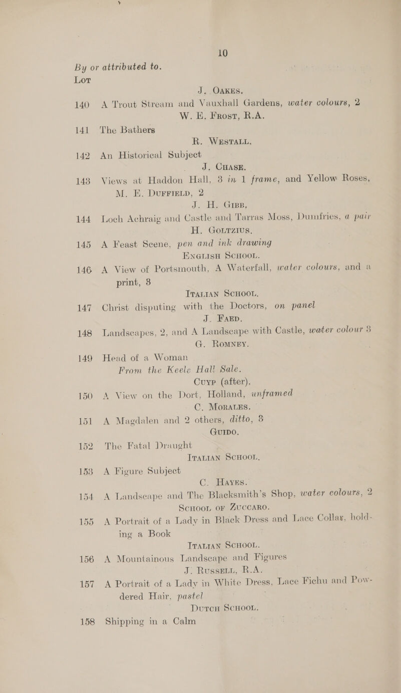 Lot 140 14] 158 J. OAKES. A Trout Stream and Vauxhall Gardens, water colours, 2 W. #, Frost, R.A. The Bathers R. WEsTALL. An Historical Subject _ J, CHASE. Views at Haddon Hall, 8 in 1 frame, and Yellow Roses, M. E. Durrretp, 2 J, AteerBB, Loch Achraig and Castle and Tarras Moss, Dumaries, @ pair H. Gourzius, A Feast Scene, pen and ink drawing ENGLISH SCHOOL. A View of Portsmouth, A Waterfall, water colours, and a print, 3 ITALIAN SCHOOL, Christ disputing with the Doctors, on panel J. FAaeEp. Landseapes, 2, and A Landscape with Castle, water colour 8 G. RoMNEY. Head of a Woman From the Keele Hall Sale. Cuyp (after). A View on the Dort, Holland, unframed C. Morates. A Magdalen and 2 others, ditto, 3 GUIDO. The Fatal Draught TTALIAN SCHOOL, A Fieure Subject C. Jaavans A Landseape and The Blacksmith’s Shop, water colours, 2 Scnoon, or ZUCCARO. A Portrait of a Lady in Black Dress and Lace Collar, hold- ine a Book TTALIAN SCHOOL. A Mountainous Landscape and Figures J: Russeimn, sh A. A Portrait of a Lady in White Dress, Lace Fichu and Pow- dered Hair, pastel . DutcH SCHOOL. Shipping in a Calm