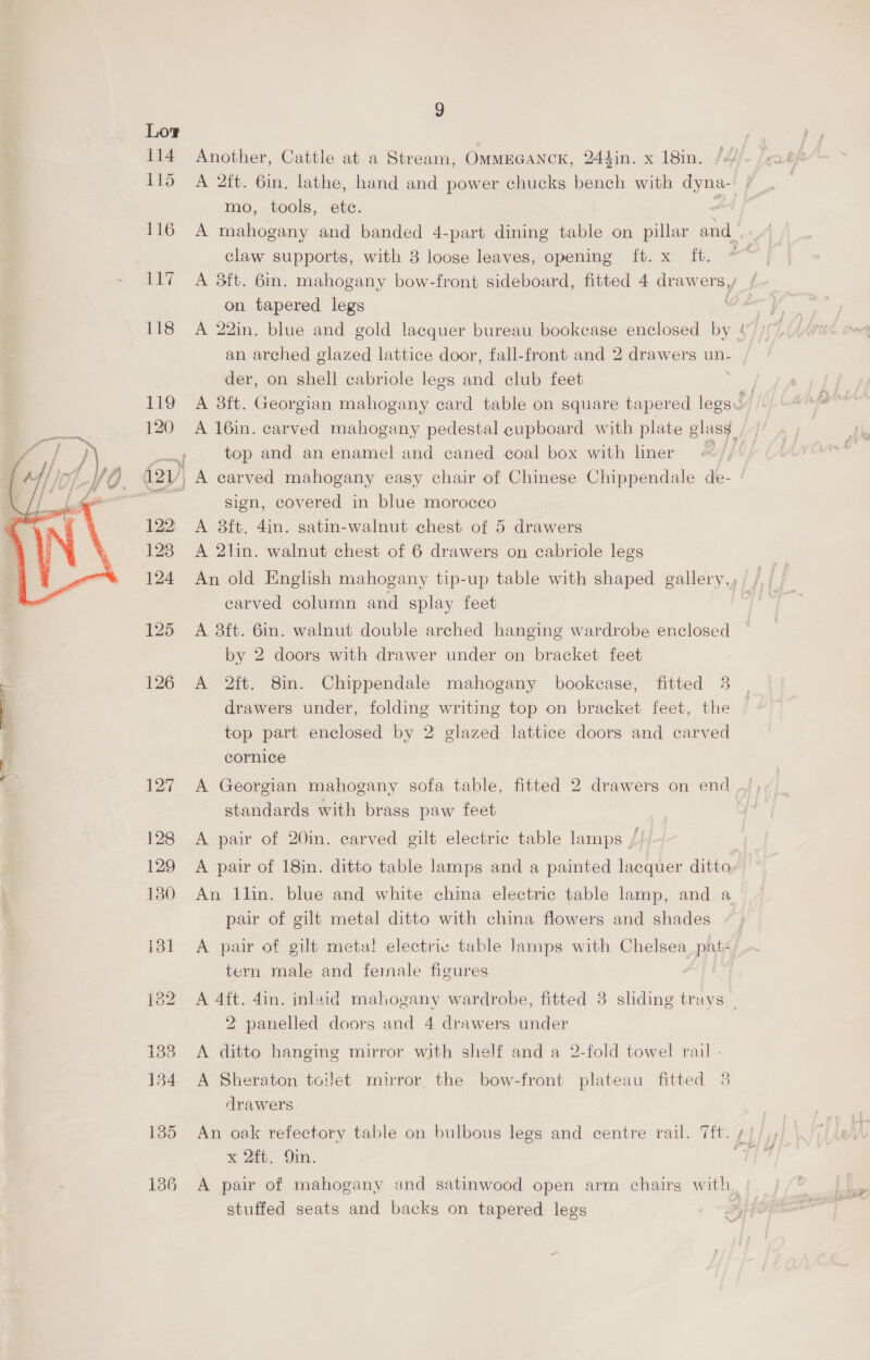 ea Vicaer:  Lov 115 116 bb/ } oy ee Sy 9 mo, tools, ete. claw supports, with 3 loose leaves, opening ft. x ft. on tapered legs an arched glazed lattice door, fall-front and 2 drawers un- der, on shell cabriole legs nd club feet top and an enamel and caned coal box with liner A carved mahogany easy chair of Chinese Chippendale de- sign, covered in blue morocco A 2lin. walnut chest of 6 drawers on cabriole legs carved column and splay feet A 3ft. 6in. walnut double arched hanging wardrobe enclosed by 2 doors with drawer under on bracket feet drawers under, folding writing top on bracket feet, the top part enclosed by 2 glazed lattice doors and carved cornice A Georgian mahogany sofa table, fitted 2 drawers on end standards with brass paw feet A pair of 20in. carved gilt electric table lamps /! A pair of 18in. ditto table lamps and a painted lacquer ditto An llin. blue and white china electric table lamp, and a pair of gilt metal ditto with china flowers and shades A pair of gilt meta! electric table lamps with Chelsea pat: tern male and fernale figures 2 panelled doors and 4 drawers under A ditto hanging mirror with shelf and a 2-fold towel rail - Oo A Sheraton toilet mirror, the bow-front plateau fitted 3 drawers x 2ft. Qin. stuffed seats and backs on tapered legs