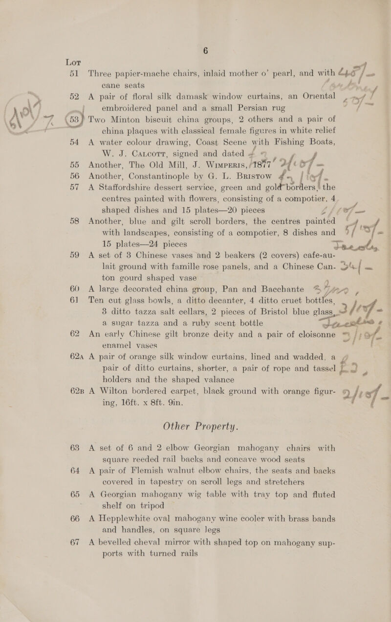 52 54 55 56 57 58 59 63 64 65 66 67 6 cane seats A pair of floral silk damask window curtains, an Glotal embroidered panel and a small Persian rug china plaques with classical female figures in white relief A water colour drawing, Coast Scene with ied Boats, W. J. Cancort, signed and dated 4 = y Another, The Old Mill, J. Wuvpnrrs,/1877° 94 fit] — Another, Constantinople by G. L. Bristow L | tf. A Staffordshire dessert service, green and gold-borders ‘the centres painted with flowers, consisting of a compen y 4 shaped dishes and 15 ple 20 pieces é Another, blue and gilt scroll borders, the centres dsnten with landscapes, consisting of a compotier, 8 dishes and 15 plates—24 pieces A set of 8 Chinese vases and 2 beakers (2 covers) cafe-au- j ton gourd shaped vase 2 Ten cut glass bowls, a ditto decanter, 4 ditto cruet bottles, 3 ditto tazza cult cellars, 2 pieces of Bristol blue glass. enamel vases  holders and the shaped valance A Wilton bordered carpet, black ground with orange figur- ing, 16ft. x 8ft. 9in. Other Property. A set of 6 and 2 elbow Georgian mahogany chairs with square reeded rail backs and concave wood seats A pair of Flemish walnut elbow chairs, the seats and backs covered in tapestry on scroll legs and stretchers A Georgian mahogany wig table with tray top and fluted shelf on tripod A Hepplewhite oval mahogany wine cooler with brass bands and handles, on square Jegs A bevelled cheval mirror with shaped top on mahogany sup- ports with turned rails