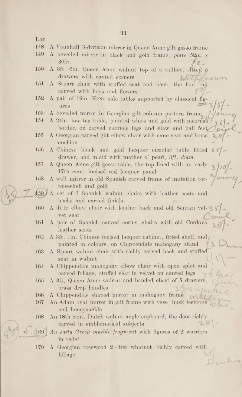 157 158 160 161 168 170 11 A Vauxhall 8-division mirror in Queen Anne gilt gesso frame A bevelled mirror in black and gold frame, plate 52in. x 30in. $. g A 8ft. 6in. Queen Anne walnut top of a feuteey | fitted 5 drawers with canted corners LJLe earved with boys and flowers A pair of 19in. Kent side tables supported by een fy A bevelled mirror in Georgian gilt column pattern frame. A Georgian carved gilt elbow chair with cane seat and loose cushion A Chinese black and gold lacquer circular table, fitted drawer, and inlaid with mother o’ pearl, 3ft. diam. 17th cent. incised red lacquer panel toiseshell and gold backs and carved finials leather seats painted in colours, on Chippendale mahogany stand seat in walnut A Chippendale mahogany elbow chair with open splat and carved foliage, stuffed seat in velvet on canted legs A 8ft. Queen Anne walnut and banded chest of 5 drawers, brass drop handles A Chippendale shaped mirror in mahogany frame 4 yey of e: €} / 2 » ie i Soe, edhe y 4 24 ee i 26] and honeysuckle earved in emblematical subjects An early Greek marble fragment with figures of 2 warriors in relief foliage