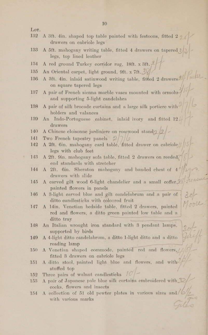 A 8ft. 4in. shaped top table painted with festoons, fitted 2 drawers on cabriole legs A 5ft. mahogany writing table, fitted 4 drawers on ph RY legs, top lined leather A red ground Turkey corridor rug, 18ft. x ar A Af a An Oriental carpet, light ground, 9ft. x 7ft | A 3ft. 4in. inlaid satinwood writing table, fitted 2 drawers” on square tapered legs “SK Di A pair of French sienna marble vases mounted with ormolw) ae and supporting 5-light candelabra A pair of silk brocade curtains and a large silk portiere with holders and valances An Indo-Portuguese cabinet, inlaid ivory and fitted 12. drawers A Chinese cloisonne jardiniere on rosewood stands) / i oy Two French tapestry panels 7/ }/(y a aH A 2ft. 6in. mahogany card table, fitted drawer on cbt? ye legs with club feet ‘pA A 2ft. 9in. mahogany sofa table, fitted 2 drawers on reededy’) 5 | ~ end standards with stretcher im A 2ft. 6in. Sheraton mahogany and banded chest of fe drawers with slide Soy A carved gilt wood 6-light chandelier and a small coffer! BST painted flowers in panels | A 8-light carved blue and gilt candelabrum and a pair of | | 3 ln ditto candlesticks with coloured fruit rae A 14in. Venetian bedside table, fitted 2 drawers, painted — ppOo red and flowers, a ditto green painted low table and a | ditto tray a | An Italian wrought iron standard with 3 pendant Renee 13 a a supported by birds . A 4-light ditto candelabrum, a ditto 1-lght ditto and a ditto | reading lamp - ~~ A Venetian shaped commode, painted red rau flowers, fitted 8 drawers on ecabriole legs tok A ditto stool, painted light blue and flowers, and with~< stuffed top Three pairs of walnut candlesticks A pair of Japanese pale blue silk curtains embroidered with / cocks, flowers and insects Pe. A collection of 51 old pewter plates in various sizes and / ¢ with various marks f j d