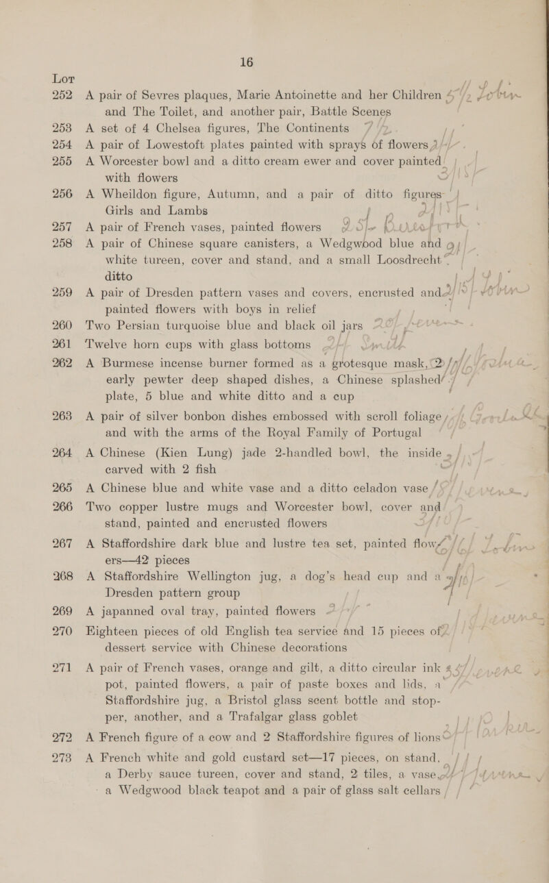 A pair of Sevres plaques, Marie Antoinette and her Children 4 p Lovin. and The Toilet, and another pair, Battle Scenes . A set of 4 Chelsea figures, The Continents Ly A pair of Lowestoft plates painted with sprays of flowers )/+/~ A Worcester bowl and a ditto cream ewer and cover emai with flowers a A Wheildon figure, Autumn, and a pair of ditto rarer yl Girls and Lambs Paes er AT A pair of French vases, painted flowers je DULMfITS A pair of Chinese square canisters, a Wedges ae ahd Of) white tureen, cover and stand, and a small Loosdrecht ditto A pair of Dresden pattern vases and covers, encrusted anda painted flowers with boys in relief Two Persian turquoise blue and black oil jars ~~  Twelve horn cups with glass bottoms ay : A ‘Burmese incense burner formed as a _ Brotesque mask, early pewter deep shaped dishes, a Chinese sae fi plate, 5 blue and white ditto and a cup A pair of silver bonbon dishes embossed with scroll foliage s,) (9 ss/« ik and with the arms of the Royal Family of Portugal A Chinese (Kien Lung) jade 2-handled bowl, the inside , / ,.; carved with 2 fish 4 A Chinese blue and white vase and a ditto celadon vase / Two copper lustre mugs and Worcester bowl, cover and stand, painted and encrusted flowers 34 / A Staffordshire dark blue and lustre tea set, painted flows / d ers—42' pieces by ie A Staffordshire Wellington jug, a dog’s head cup and > . Dresden pattern group cs 4 A japanned oval tray, painted flowers Eighteen pieces of old English tea service and 15 pieces of dessert service with Chinese decorations A pair of French vases, orange and gilt, a ditto circular ink 2 4/7 pot, painted flowers, a pair of paste boxes and lids, a /. Staffordshire jug, a Bristol glass scent bottle and stop- per, another, and a Trafalgar glass goblet A French figure of a cow and 2 Staffordshire figures of lions* A French white and gold custard set—17 pieces, on stand, 9/ Py a Derby sauce tureen, cover and stand, 2 tiles, a vasee/-J4 Atma - a Wedgwood black teapot and a pair of glass salt eee ,