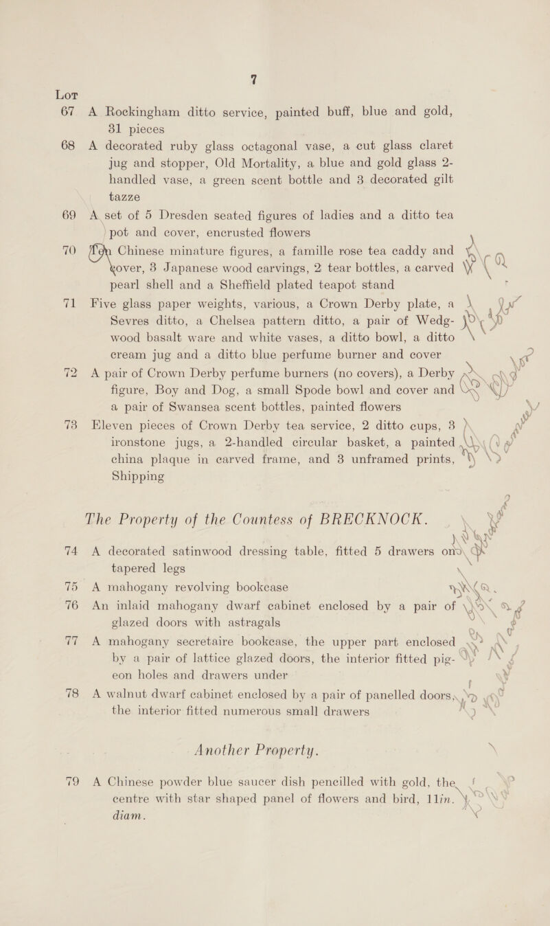 Lor 67 A Rockingham ditto service, painted buff, blue and gold, 31 pieces 68 A decorated ruby glass octagonal vase, a cut glass claret jug and stopper, Old Mortality, a blue and gold glass 2- handled vase, a green scent bottle and 3 decorated gilt tazze 69 A set of 5 Dresden seated figures of ladies and a ditto tea /pot and cover, encrusted flowers 70 Chinese minature figures, a famille rose tea caddy and ¢ = over, 8 Japanese wood carvings, 2 tear bottles, a carved \Y i pearl shell and a Sheffield plated teapot. stand 71 Five glass paper weights, various, a Crown Derby plate, a \ aw Sevres ditto, a Chelsea pattern ditto, a pair of Wedg- P\ Ap” wood basalt ware and white vases, a ditto bowl, a ditto a cream jug and a ditto blue perfume burner and cover Z 72 A pair of Crown Derby perfume burners (no covers), a Derby AN i a figure, Boy and Dog, a small Spode bowl and cover and MWY my a pair of Swansea scent bottles, painted flowers 73 Eleven pieces of Crown Derby tea service, 2 ditto cups, 8 ) ironstone jugs, a 2-handled circular basket, a painted \\\) () v china plaque in carved frame, and 8 unframed prints, ha PA Shipping The Property of the Countess of BRECKNOCK. \ ? 74 <A decorated satinwood dressing table, fitted 5 drawers ~~ ON tapered legs oe 75 A mahogany revolving bookcase ENNG 76 An inlaid mahogany dwarf cabinet enclosed by a pair of \ Ne \ 6 glazed doors with astragals oe 77 A mahogany secretaire bookcase, the upper part enclosed &amp; by a pair of lattice glazed doors, the interior fitted pig- ~\ Ng eon holes and drawers under ¥ 78 A walnut dwarf cabinet enclosed by a pair of panelled doors, the interior fitted numerous smal] drawers j Ly (7 * ah, yi : :) Another Property. 79 A Chinese powder blue saucer dish pencilled with gold, the. J | centre with star shaped panel of flowers and bird, 1lin. \, ‘>’ diam. A\>