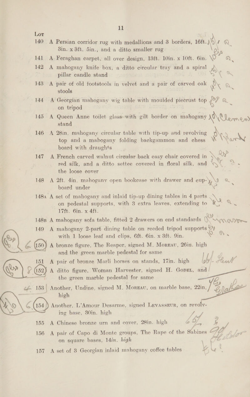 Lot | Gel ) = . . M\ ; 140 A Persian corridor rug with medallions and 3 borders, 16ft.)}\¢ ©) din. x 8ft. din., and a ditto smaller rug : O; x 141 A-Feraghan carpet, all over design, 13ft. 10in. x 10ft. 6in. i. os 142 A mahogany knife box, a ditto circular tray and a spiral a | pillar candle stand A) ¢ 148 A pair of old footstools in velvet and a pair of ce oak WN 6 stools \h a 144 - A Georgian mahogany wig t able with mouided Agta top pe ( on tripod pe - | Be ere ~ 145 A Queen Anne toilet glass with gilt border on yt sot Whe stand _ 146 A 28in. mahogany eireular table with tip-up and ese: we \ top and a mahogany folding backgammon and chess “\ \\ oN board with draughts \ OP 147 <A French carved walnut cirewlar back easy chair covered in \ “OY red silk, and a ditto settee covered in floral silk, and Ww the loose cover  148 <A 2ft. 4in. mahogany open bookcase with drawer and cup- KY board under 1484 A set of mahogany and inlaid tip-up dining tables in 4 parts \\ | on pedestal supports, with 8 extra leaves, extending to 1 be. ee 17ft. 6in. x 4ft. 3% 1488 A mahogany sofa table, fitted 2 drawers on end standards yon OS tm 149 A mahogany 2-part dining table on reeded tripod supports Vy with 1 loose leaf and clips, 6ft. 6in. x 3ft. Qin. Vues 150) A bronze figure, The Reaper, signed M. Morzav, 26in. high | | and the green marble pedestal for same ee 151 <A pair of bronze Marli horses on stands, 17in. high ll). HeurK y 152) A ditto figure, Woman Harvester, signed H. Gopi, and j the green marble pedestal for same   fi/ YF , . ee : B : pie if «> zf. 1583\ Another, Undine, signed M. Morsav, on marble base, 22in, / L,ja | oe ; high , a x rf i ° >\G Another, L’Amour Desarme, signed LevassEur, on revolv- , ©, e—eaiiiie. ing base, 30in. high ; a fu’ 5 155 A Chinese bronze urn and cover, 28in.. high ‘p « yas 4 156 A pair of Capo di Monte groups, The Rape of the Shines HL on square bases, 14in. high 157 A set of 8 Georgian inlaid mahogany coffee tables