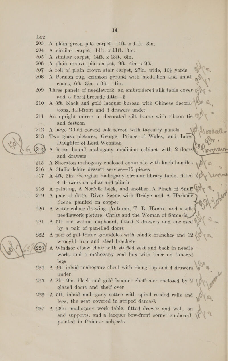  A plain green pile carpet, 14ft. x 11ft. 3in. A plain mauve pile carpet, 9ft. 4in. x Oft. 4 \ A roll of plain brown stair carpet, 27in. wide, 102 yards Yr ™% A Persian rug, crimson ground with medallion and small , $, cones, 6ft. 3im. x 3ft. Llin. aq \ Three panels of needlework, an embroidered silk table cover oh) ‘1 and a floral brocade ditto—5 A A 38ft. black and gold lacquer bureau with Chinese Jeconaone oP a. tions, fall-front and 3 drawers under : i An upright mirror in decorated gilt frame with ribbon tie “\? and festoon | A large 2-fold carved oak screen with tapestry panels \ Two glass pictures, George, Prince of Wales, and Jane, Daughter of Lord Wenman A brass bound mahogany medicine cabinet with 2 doors and drawers Bi &amp; “=    A Sheraton mahogany enclosed commode with knob handles yi ra A Staffordshire dessert service—15 pieces PN A 4ft. 8in. Georgian mahogany circular library table, fitted V\ \uvuss 4 drawers on pillar and plinth A painting, A Norfolk Lock, and another, A Pinch of Snuff GX 2 A pair of ditto, River Scene with Bridge and A Harbour ; ye Scene, painted on copper 1s p A water colour drawing, Autumn, T. B. Harpy, and a silk needlework picture, Christ and the Woman of Samaria \\ rie A 5ft. old walnut cupboard, fitted 2 drawers and enclosed  ere by a pair of panelled doors 3 A pair of gilt frame girandoles with candle branches and 12 {&amp; wrought iron and steel brackets . SR work, and a mahogany coal box with liner on tapered legs \ One A 6ft. inlaid mahogany chest with rising top and 4 drawers : “a under ’ ” i A 2ft. 9in. black and gold lacquer cheffonier enclosed by 2 \ fy. a elazed doors and shelf over aA ‘Vv A 5ft. inlaid mahogany settee with spiral reeded rails and t i legs, the seat covered in striped damask v aoe A 23in. mahogany work table, fitted drawer and well, on ) end supports, and a lacquer bow-front corner cupboard, i ; 4 painted in Chinese subjects