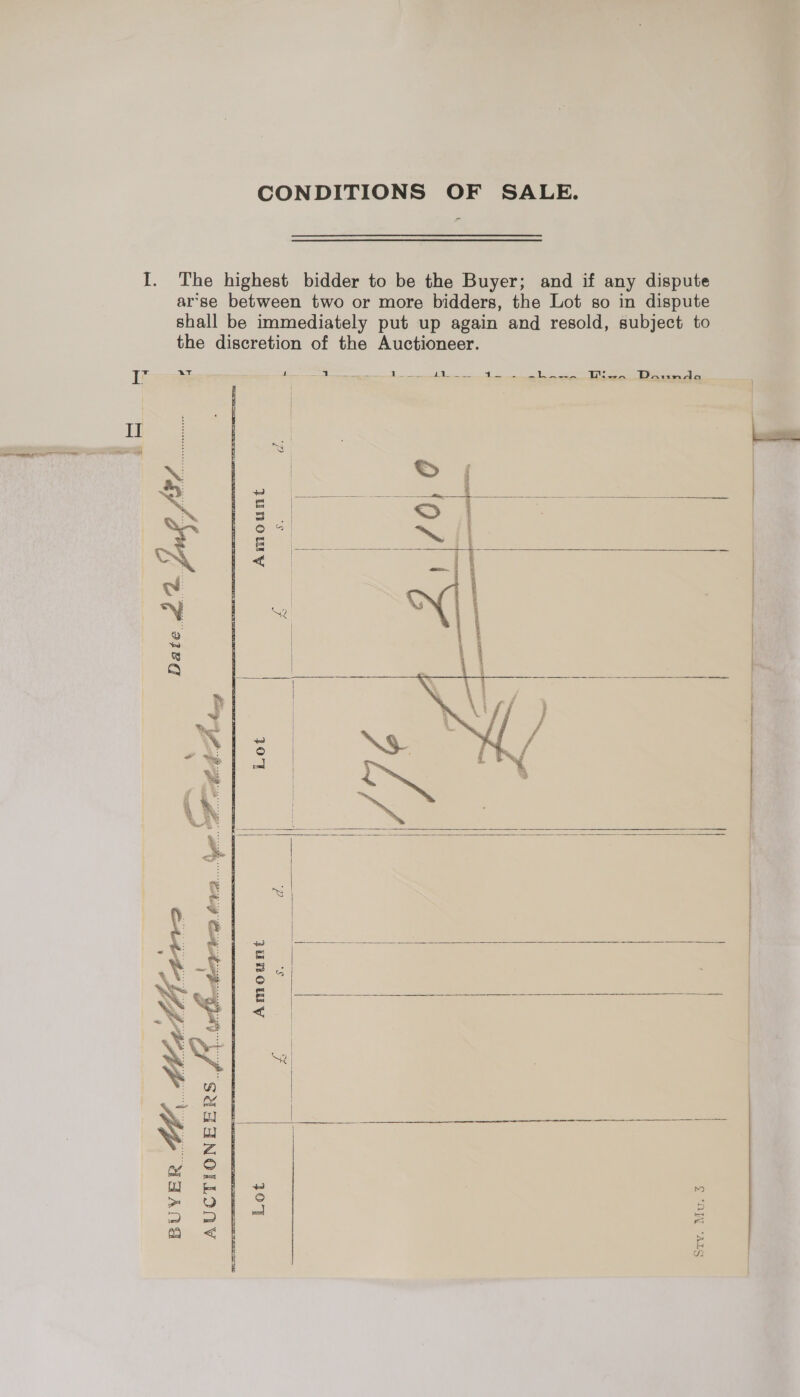 CONDITIONS OF SALE. The highest bidder to be the Buyer; and if any dispute ar'se between two or more bidders, the Lot so in dispute shall be immediately put up again and resold, subject to the discretion of the Auctioneer. AY anes. 7] = SSS a a, ene eel Hee Dawundoa   Amount AY Lot      a.     | Jb s2 ee  Lot Sty. Mu. 3