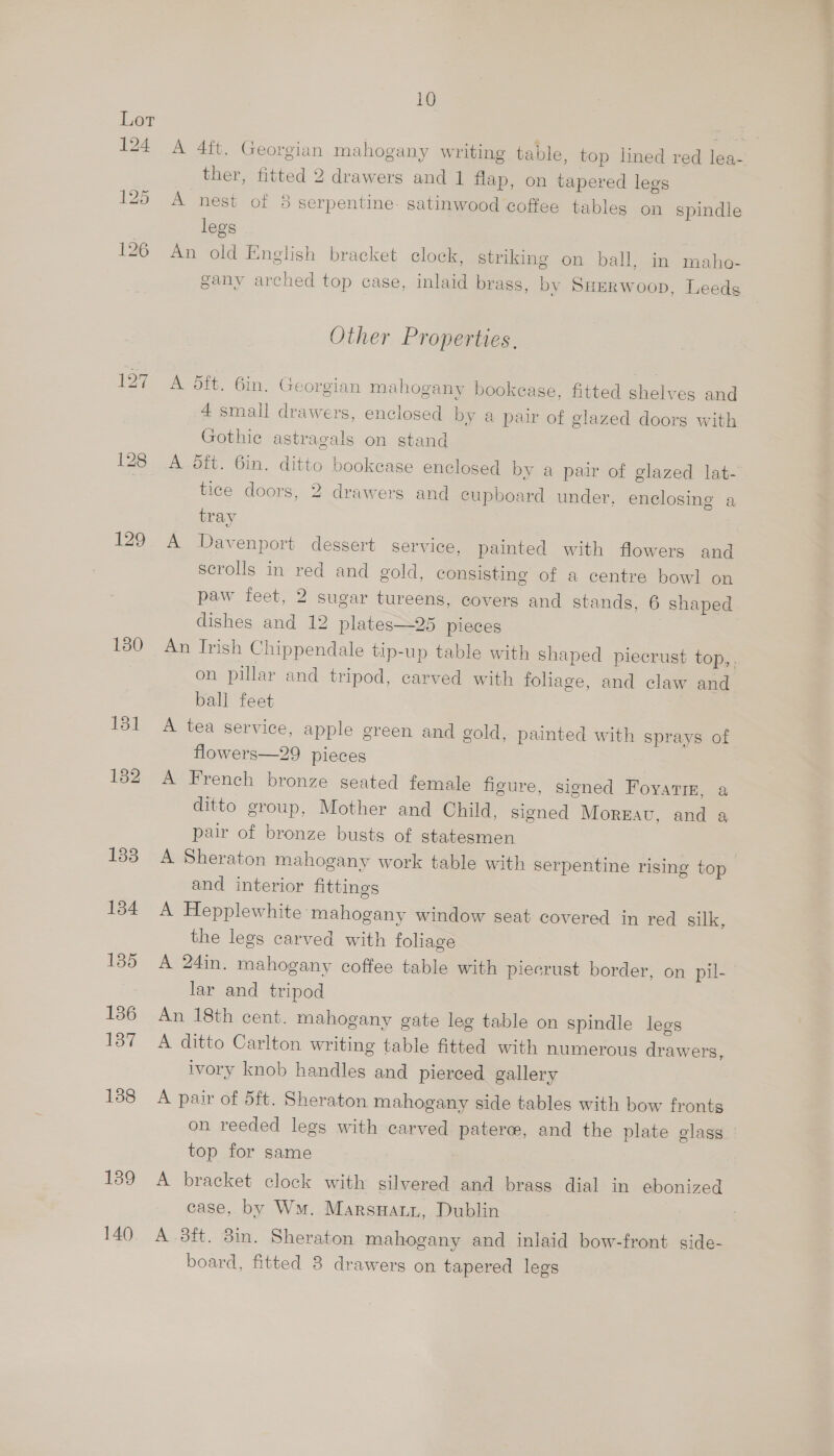 129 130 131 182 133 134 135 136 137 138 139 140 10 A 4ft. Georgian mahogany writing table, top lined red lea- ther, fitted 2 drawers and 1 flap, on tapered legs A nest of 8 serpentine. satinwood coffee tables on spindle legs An old English bracket clock, striking on ball, in maho- gany arched top case, inlaid brass, by Sumrwoop, Leeds Other Properties. A oft. 6in. Georgian mahogany bookease, fitted shelves and 4 small drawers, enclosed by a pair of glazed doors with Gothic astragals on stand A dft. 6in. ditto bookcase enclosed by a pair of glazed lat- tice doors, 2 drawers and cupboard under, enclosing a tray A Davenport dessert service, painted with flowers and scrolls in red and gold, consisting of a centre bowl on paw feet, 2 sugar tureens, covers and stands, 6 shaped dishes and 12 plates—25 pieces An Irish Chippendale tip-up table with shaped piecrust top, . on pillar and tripod, carved with foliage, and claw and ball feet A tea service, apple green and gold, painted with sprays of flowers—29 pieces A French bronze seated female figure, signed Foyarin, a ditto group, Mother and Child, signed Moreau, and a pair of bronze busts of statesmen A Sheraton mahogany work table with serpentine rising top and interior fittings A Hepplewhite mahogany window seat covered in red silk, the legs carved with foliage A 24in. mahogany coffee table with piecrust border, on pil- lar and tripod An 18th cent. mahogany gate leg table on spindle legs A ditto Carlton writing table fitted with numerous drawers, ivory knob handles and pierced gallery A pair of 5ft. Sheraton mahogany side tables with bow fronts on reeded legs with carved paterce, and the plate glass top for same A bracket clock with gilvered and brass dial in ebonized case, by Wm. Marsnmaur, Dublin A 3ft. 3in. Sheraton mahogany and inlaid bow-front side-