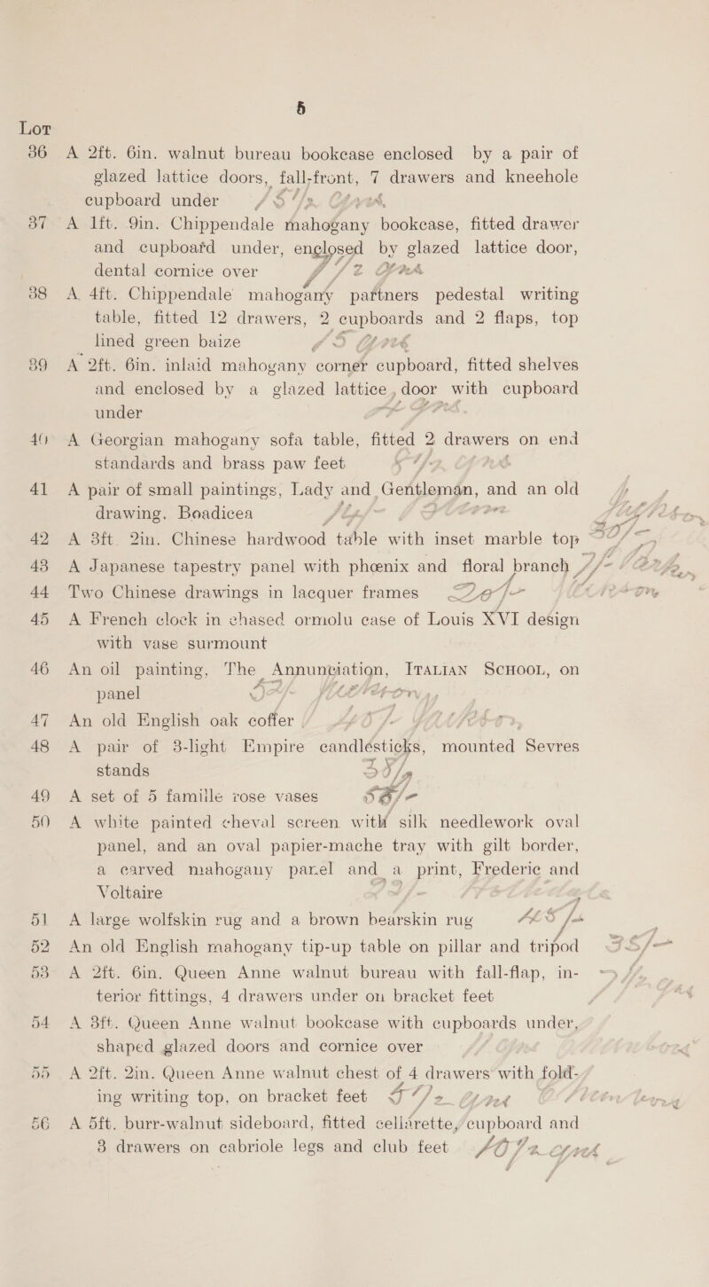 36 39 § A 2ft. 6in. walnut bureau bookease enclosed by a pair of glazed lattice doors, fall- front, y pA ON and kneehole cupboard under fr oF ysA A lit. 9in. Chippendale Poe ee noamaken: fitted drawer and cupboard under, englosonl by glazed lattice door, dental cornice over gf /z Gr A. 4ft. Chippendale mahogany pattners pedestal writing table, fitted 12 drawers, 2 cupboards and 2 flaps, top lined green baize 15 Wl ug A 2ft. 6in. inlaid mahogany corner ick fitted shelves and enclosed by a glazed lattice , door with cupboard under Pe FPS A Georgian mahogany sofa table, fitted 2 drawers on end standards and brass paw feet i tf A pair of small paintings, © ee and ae boy and an old drawing, Boadicea ’ or A Japanese tapestry panel with phoenix and poet a Two Chinese drawings in lacquer frames Qef- A French clock in chased ormolu case of Louis XVI design with vase surmount An oil painting, The Annunciation, ITALIAN SCHOOL, on panel QA fiery OV 4, An old English oak coffer | LOY. thete A pair of 38-lght Empire candlésticks, mounted Sevres stands 38 /g A set of 5 famiilé rose vases 5B, je A white painted cheval screen with silk needlework oval panel, and an oval papier-mache tray with gilt border, a carved mahogany parel and a print, Frederic and Voltaire A A large wolfskin rug and a brown bearskin rug ALS fos An old English mahogany tip-up table on pillar and tripod A 2ft. 6in. Queen Anne walnut bureau with fall-flap, in- terior fittings, 4 drawers under on bracket feet A 38ft. Queen Anne walnut bookcase with cupboards under, shaped glazed doors and cornice over | A 2ft. 2in. Queen Anne walnut chest of 4 drawers with fold- ing writing top, on bracket feet g ths ae $2 A 5ft. burr-walnut sideboard, fitted celirette, ene and 38 drawers on cabriole legs and club feet LO}: >»