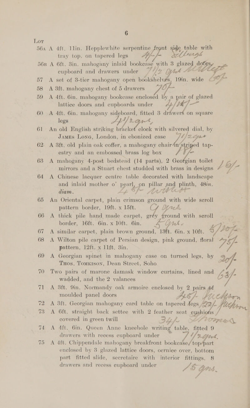 Lor 564 A 4ft. 1lin. Hepplewhite serpentine front ee table with tray top, on tapered legs Ap — Wt hgh 568 A 6ft. 8in. mahogany inlaid bookease with 3 eee doors re Yh SOA AZ cupboard and drawers under 57 <A set of 8-tier mahogany open bookshelvés. 19in. wide 58 A 3ft. mahogany chest of 5 drawers : (as 59 A 4ft. 6in. mahogany bookcase encloséd by a pair of glazed lattice doors and cupboards under a Lb [t/] ta 60 <A 4ft. 6m. mahogany sideboard, fitted 8 drdwerg on square legs Ap» OA, 61 An old English striking bracket clear with silver ed dial, by James Lona, London, in ebonized case Tt): Zfa4 62 A 3ft. old plain oak coffer, a mahogany ainda eis tap- | estry and an embossed brass log box fif- 63 A mahogany 4-post bedstead (14 parts), 2 Geofgian toilet Se mirrors and a Stuart chest studded with brass in designs 4 ~/“ ~ 64 <A Chinese lacquer centre table decorated with landscape and inlaid mother o’ eae on a png ir ge A8in. diam. 4 VATU OF 65 An Oriental carpet, pene crimson pele ye wide scroll pattern border, 19ft. x 15ft. oF Ueks 66 A thick pile hand made carpet, ordy foc with seroll border, Per. “Gi. x 10ft.. Gin. s Y LA a 67 A similar carpet, plain brown ground, 13ft. 6in. x 10ft. 4 vile Ps 68 <A Wilton pile carpet of Persian design, pink ground, floral pattern, 12ft. x 11ft. 3in. 69 A Georgian spinet in mahogany case on turned legs, by THos. TomxKison, Dean Street, Soho 70 ‘Two pairs of marone damask window curtains, lined and wadded, and the 2 valances  71 <A 38ft. 9m. Normandy oak armoire enclosed by 2 pairs ot moulded panel doors 4y S/7- TMA ge Ag->, 72 A 8ft. Georgian mahogany card table on tapered Loos f 22/. FUR, re 73 A 6ft. straight back settee with 2 teavher seat cushions / covered in green twill ~ fun ye PPE G A 74 A 4ft. 6m. Queen Anne kneehole ee ‘table, fitted 9 drawers with recess cupboard under | / Yau tal. 75 <A 4ft. Chippendale mahogany breakfront bookcase / topepart enclosed by 3.glazed lattice doors, oernice over, bottom part fitted slide, secretaire with interior fittings, 8 drawers and recess cupboard under t J Pate 2 f bre ae 4 4 oa) CIP? 4 «