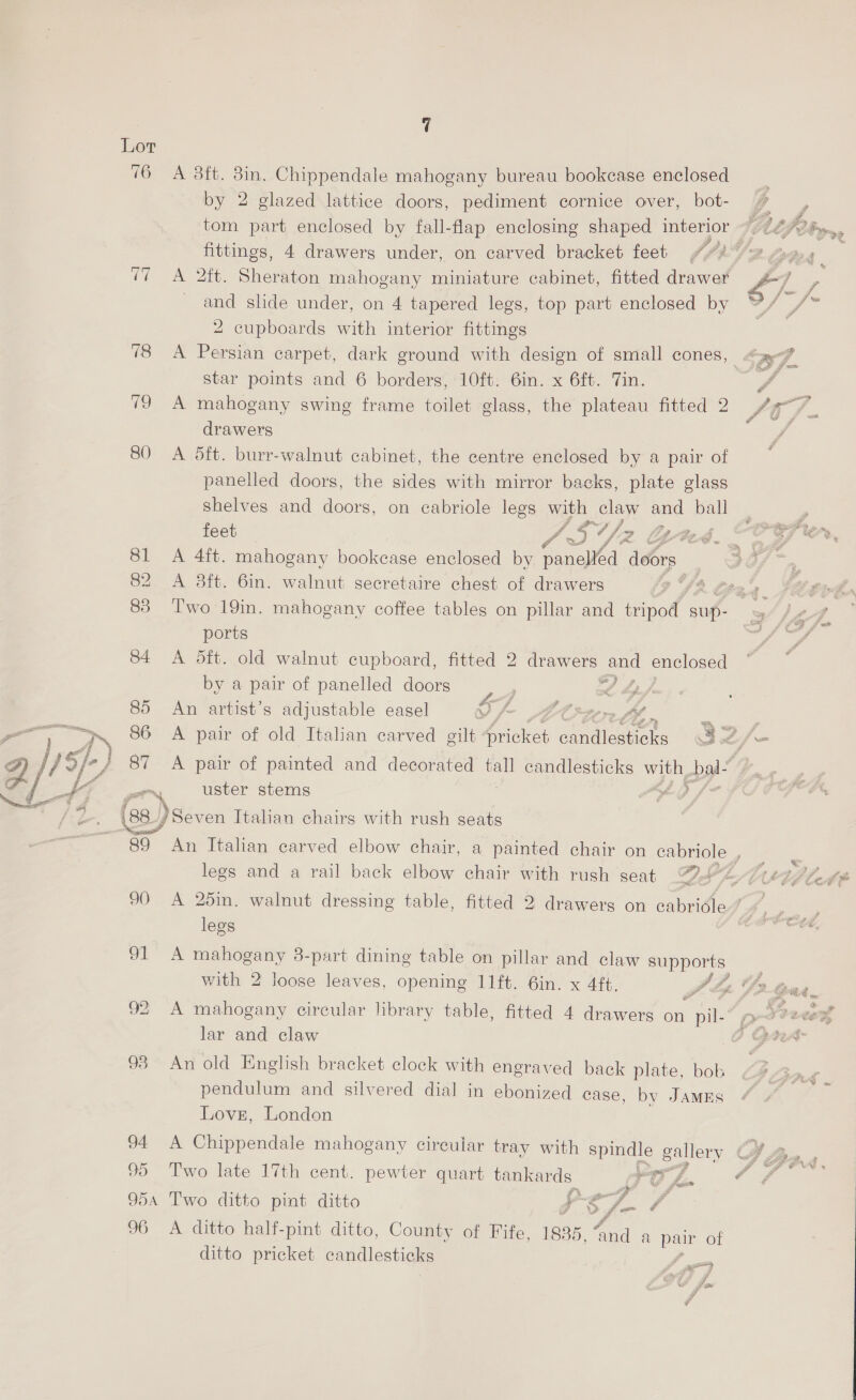 Lor 16 A 3ft. din. Chippendale mahogany bureau bookcase enclosed __ by 2 glazed lattice doors, pediment cornice over, bot- %, / tom part enclosed by fall-flap enclosing shaped interior (ALP py, fittings, 4 drawers under, on carved bracket feet (73 lhe “7 A 2ft. Sheraton mahogany miniature cabinet, fitted drawer and slide under, on 4 tapered legs, top part enclosed by 2 cupboards with interior fittings 78 <A Persian carpet, dark ground with design of small cones, APF, star points and 6 borders, 10ft. 6in. x 6ft. Tin. Jf 79 A mahogany swing frame toilet glass, the plateau fitted 2 St / drawers 80 A 5dft. burr-walnut cabinet, the centre enclosed by a pair of panelled doors, the sides with mirror backs, plate glass shelves and doors, on cabriole legs ves claw and om  feet fe 3/2 2 (49246. oC is re 81 A 4ft. mahogany bookcase enclosed by panelte d doors. Vi 82 A 3ft. 6in. walnut secretaire chest of drawers 9» St fee 2. 83 Two 19in. mahogany coffee tables on pillar and tripod sup- ports 84 A oft. old walnut cupboard, fitted 2 drawers and enclosed by a pair of panelled doors ; 24 85 An artist’s adjustable easel of o4 4, . | ae oN 86 A pair of old Italian carved gilt Cae Haren 32 /K- FZ) }/ Sf) 87 A pair ot painted and decorated tall candlesticks with, bal S 2 a uster stems 78 V4 é \ iS, (88. 7#Seven Italian chairs with rush seats ‘89 An Italian carved elbow chair, a painted chair on ene ; FD 90 A 25in. walnut dressing table, fitted 2 drawers on cabriéle-/ | legs bes. 91 A mahogany 3-part dining table on pillar and claw supports with 2 loose leaves, opening 11ft. Gin) x 4%. Lip FG? aa 92 A mahogany circular library table, fitted 4 drawers on ae p Joe. lar and claw A tiie 93 An old English bracket clock with engraved back plate, bob pendulum and silvered dial in ebonized case, by JAMES Love, London 94 A Chippendale mahogany cireular tray with spindle gallery WV fre. 95 Two late 17th cent. pewter quart tankards gs” f 7G? A. tm Z 954 Two ditto pint ditto po / 96 A ditto half-pint ditto, County of Fife, 1835. ana a pair of ditto pricket candlesticks poe eS Paw eo i