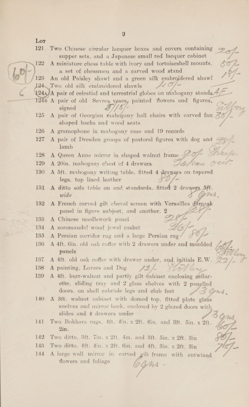 121 aN LOE c F ass yi age Oi /128 - gtd 9 Two Chinese circular lacquer boxes and covers containing supper sets, and a Japanese small red lacquer cabinet A miniature chess table with ivory and tortoiseshell mounts, a set of chessmen and a carved wood stand An old Paisley shawl and a green silk embroidered shawl Pp $8 J &amp; ese 140 141 142 144 SI/s siened shaped backs and wood seats A gramophone in mahogany case and 19 records A pair of Dresden groups of pastoral figures with dog and lamb . . # Seay A Queen Anne mirror in shaped walnut frame == A 20in. mahogany chest of 4 drawers Aap een CCH. A dft. mahogany writing table, fitted 4 drawers on tapered   legs, top lined leather ro Le A ditto sofa table on end standards, atted 2 2 drawers. pie wide J 4 ot A French carved gilt cheval screen with Versailles démask panel in figure subject, and another, 2 g=<a/ A Chinese needlework panel CL) ¢ A coromande!l wood jewel casket Z C 7 A Persian corridor rug and a large Persian rug IU fr panels : A 4ft. old oak coffer with drawer under, and. Pape H.W. A painting, Lovers and Dog poo LL yD Low A 4ft. burr-walnut and partly gilt cabinet eke: cellar- ette, sliding tray and 2 glass shelves with 2 panelled doors, on shell cabriole legs and club feet A A 8ft. walnut cabinet with domed top, fitted niliste me snelves and mirror back, enclosed by 2 glazed doors oe slides and 4 drawers under i Two Bokhara rugs, 4ft. 4in. x 2ft. 6in. and 3ft. 5in. x 2tt. 2in. wo ditto, om. Tim. x 21. Aim, amd ott. Sin. A large wall mirror in cumved gilt frame flowers and fohage lAAtn x Ziv Sis with entwined Jr? £% 7 Er Ve jf 
