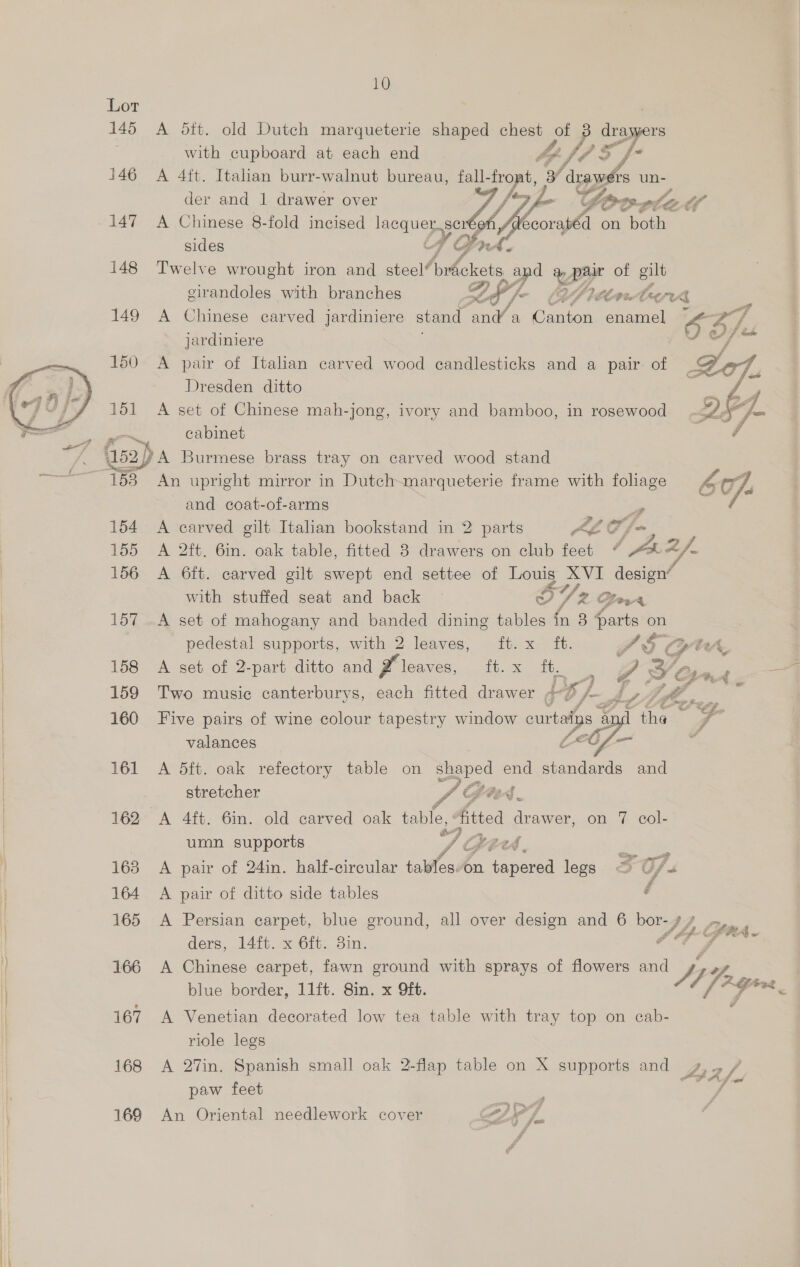  A dtt. old Dutch marqueterie ee sea oF oe with cupboard at each end A 4ft. Italian burr-walnut bureau, fall-front, a te un--   der and 1 drawer over “)) f= Gaon. ps lie a A Chinese 8-fold incised Tees SC Oe / écoratéd on both SIGS We Beg ee ei 4 Go nt. Twelve wrought iron and steel pieacoks and yay of gilt cirandoles with branches DP fe (Ub iment A Chinese carved jardiniere stand anda Gaston enamel OS/ jardiniere . 6 jae A pair of Italian carved wood candlesticks and a pair. of Dresden ditto A set of Chinese mah-jong, ivory and bamboo, in rosewood cabinet rs waar  A Burmese brass tray on carved wood stand An upright mirror in Dutch-marqueterie frame with foliage &amp; Of. and coat-of-arms of A carved gilt Italian bookstand in 2 parts Ab Of A 2ft. 6in. oak table, fitted 3 drawers on club feet + a2 ~ A 6ft. carved gilt swept end settee of Louis XVI design oy with stuffed seat and back © Wz four A set of mahogany and banded dining nl in 8 parts on pedestal supports, with 2 leaves, ft.x ft. PS CHtA A set of 2-part ditto and rs leaves, fb. x 3 : Fd Yi, o Two music canterburys, each fitted drawer , $0 /- pt Df, Five pairs of wine colour tapestry window ee 18 ‘gpd the ¥ valances :  A 5ft. oak refectory table on shaped end standards and ae stretcher fo f2A4. A 4ft. 6in. old carved oak table, fitted drawer, on 7 col- umn supports ‘/ Gres, as gee A pair of 24in. half-circular ran av ‘on tapered legs x Uf s A pair of ditto side tables é A Persian carpet, blue ground, all over design and 6 co be YHA. ders, 14ft. x 6ft. 3in. ¢ A Chinese carpet, fawn ground with sprays of flowers and y lige blue border, 11ft. Sin. x 9ft. 4, > ate A Venetian decorated low tea table with tray top on cab- riole legs A 27in. Spanish small oak 2-flap table on X supports and tanh, paw feet ae An Oriental needlework cover “sg