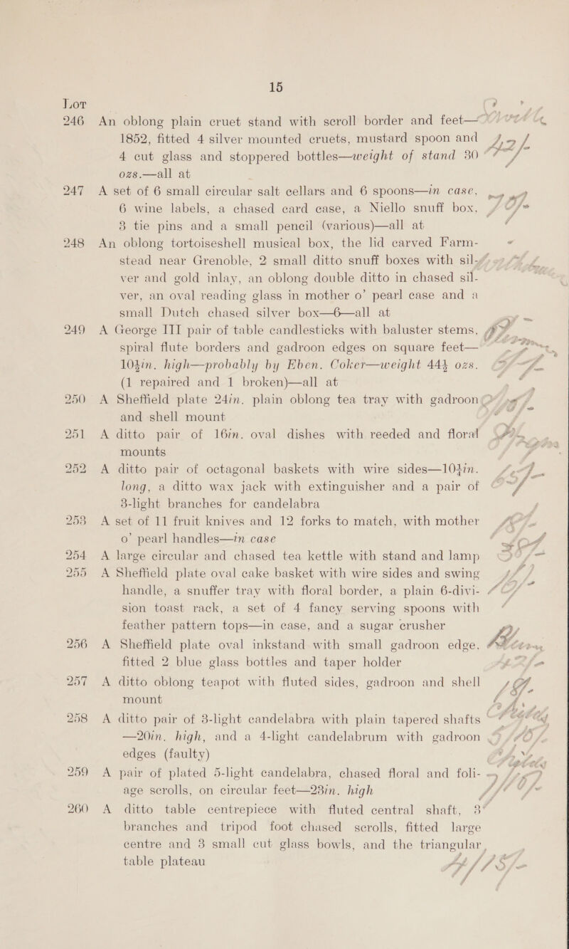 1852, fitted 4 silver mounted cruets, mustard spoon and 4 cut glass and stoppered bottles—weight of stand 30 ozs.—all at . A set of 6 small circular salt cellars and 6 spoons—in case,  8 tie pins and a small pencil (various)—all at An oblong tortoiseshell musical box, the hd carved Farm- ver and gold inlay, an oblong double ditto in chased sil- ver, an oval reading glass in mother o’ pearl case and a small Dutch chased silver box—6—all at 104in. high—probably by Eben. Coker—weight 44% ozs. (1 repaired and 1 broken)—all at and -shell mount A ditto pair of 16mm. oval dishes with reeded and floral mounts A ditto pair of octagonal baskets with wire sides—104in. long, a ditto wax jack with extinguisher and a pair of 3-light branches for candelabra A set of 11 fruit knives and 12 forks to match, with mother o’ pearl handles—in case A large circular and chased tea kettle with stand and lamp A Sheffield plate oval cake basket with wire sides and swing sion toast rack, a set of 4 fancy serving spoons with feather pattern tops—in case, and a sugar crusher fitted 2 blue glass bottles and taper holder A ditto oblong teapot with fluted sides, gadroon and shell mount edges (faulty) age scrolls, on circular feet  231m. high branches and tripod foot chased scrolls, fitted large centre and 3 small cut glass bowls, and the triangular, # g i” A 4