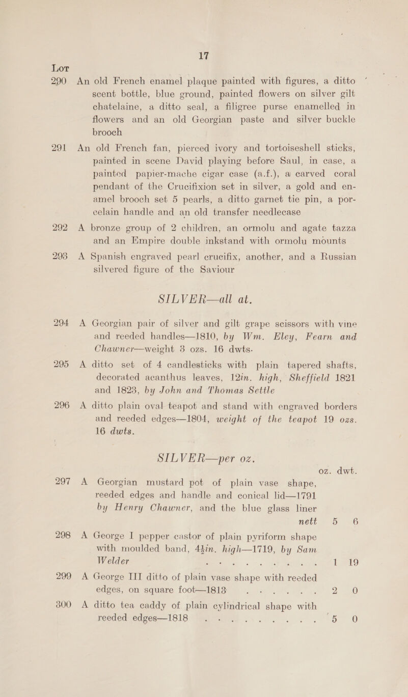 Lot | 290 An old French enamel plaque painted with figures, a ditto scent bottle, blue ground, painted flowers on silver gilt chatelaine, a ditto seal, a filigree purse enamelled in flowers and an old Georgian paste and silver buckle brooch 291 An old French fan, pierced ivory and tortoiseshell sticks, painted in scene David playing before Saul, in case, a painted papier-mache cigar case (a.f.), a carved coral pendant of the Crucifixion set in silver, a gold and en- amel brooch set 5 pearls, a ditto garnet tie pin, a por- celain handle and an old transfer needlecase 292 A bronze group of 2 children, an ormolu and agate tazza and an Empire double inkstand with ormolu mounts 293 A Spanish engraved pearl crucifix, another, and a Russian silvered figure of the Saviour SLLYV Heal at. 294 A Georgian pair of silver and gilt grape scissors with vine and reeded handles—1810, by Wm. Eley, Fearn and Chawner—weight 38 ozs. 16 dwts. 295 <A ditto set of 4 candlesticks with plain tapered shafts, decorated acanthus leaves, 12in. high, Sheffield 1821 and 1823, by John and Thomas Settle 296 <A ditto plain oval teapot and stand with engraved borders and reeded edges—1804, weight of the teapot 19 ozs. 16 dwits. SILVER—per oz. oz. dwt. 297 A Georgian mustard pot of plain vase shape, reeded edges and handle and conical lid—1791 by Henry Chawner, and the blue glass liner nett 5 6 298 A George I pepper castor of plain pyriform shape with moulded band, 44in. _ ies 4 Sam Welder oa : fers 299 A George IIT ditto of plain vase aoa with reeded edges, on square foot—1813 aunt ate a 40 300 A ditto tea caddy of plain cylindrical ee with pocdcducdseg I S18 Mayes 4. a. KO