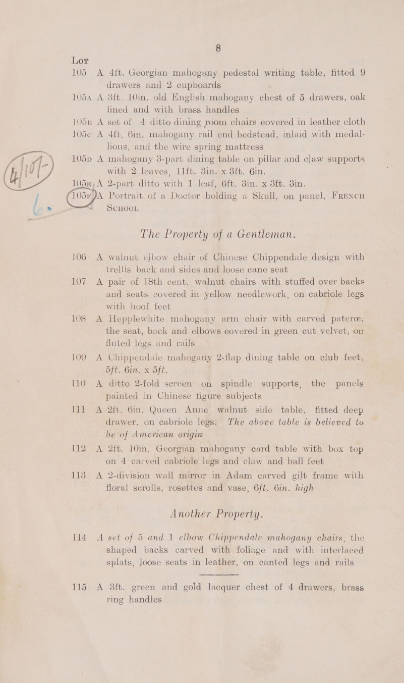  105 A 4ft. Georgian mahogany pedestal writing table, fitted 9 drawers and 2 cupboards 105a A 8ft. 10in. old English mahogany chest of 5 drawers, oak lined and with brass handles 1058 A set of 4 ditto dining room chairs covered in leather cloth l05c A 4ft. 6in. mahogany rail end bedstead, inlaid with medal- lions, and the wire spring mattress A \ 105p A mahogany 3-part dining table on pillar and claw supports vf with 2 leaves, 11ft. 3in. x 8ft. 6in. 105m) A 2-part ditto with 1 leaf, 6ft. 3in. x 3ft. 3in. j Coeepa Portrait, of a Doctor holding a Skull, on panel, FRENcH = ~ SCHOOL The Property of a Gentleman. 106 A walnut elbow chair of Chinese Chippendale design with trellis back and sides and loose cane seat 107 A pair of 18th cent. walnut chairs with stuffed over backs and seats covered in yellow needlework, on cabriole legs with hoof feet 108 A Hepplewhite mahogany arm chair with carved patere, the seat, back and elbows covered in green cut velvet, on fluted legs and rails 109 A Chippendale mahogany 2-flap dining table on club feet, oft. Gin. x 5ft. 110 A ditto 2-fold screen on spindle supports, the panels painted in Chinese figure subjects Jil A 2ft. 6in. Queen Anne walnut side table, fitted deep drawer, on cabriole legs. The above table is believed to be of American origin 112 A 2ft. 10in, Georgian mahogany card table with box top on 4 carved cabriole legs and claw and ball feet 118 A 2-division wall mirror in Adam earved gilt frame with floral scrolls, rosettes and vase, 6ft. 6in. high Another Property. 114. A set of 5 and 1 elbow Chippendale mahogany chairs, the shaped backs carved with foliage and with interlaced splats, loose seats in leather, on canted legs and rails 115 &lt;A sft. green and gold lacquer chest of 4 drawers, brass ring handles