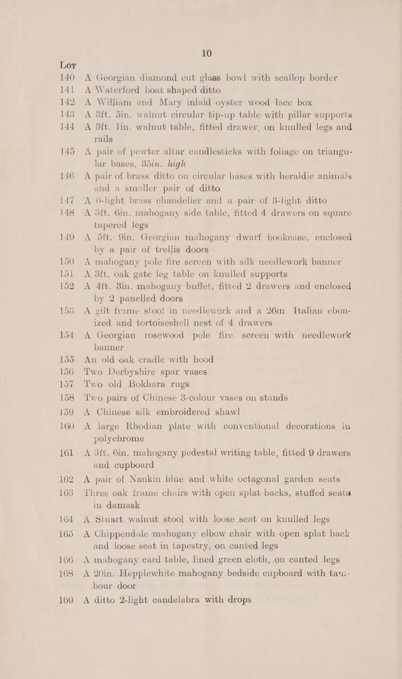 140 iat 142) 1438 144 10 A Georgian diamond cut glass bowl with scallop border A Waterford boat shaped ditto A William and Mary inlaid oyster wood lace box A 3ft. din. walnut circular tip-up table with pillar supports A 3ft. lin. walnut table, fitted drawer, on knulled legs and rails A pair of pewter altar candlesticks with foliage on triangu- lar bases, 35in. high A pair of brass ditto on circular bases with heraldic animals and a smaller pair of ditto A 6-light brass chandelier and a pair of 8-light ditto A 3ft. 6in. mahogany side table, fitted 4 drawers on square tapered legs A 5ft. 9in. Georgian mahogany dwarf bookcase, enclosed by a pair of trellis doors A mahogany pole fire screen with silk needlework banner A 3ft. oak gate leg table on knulled supports A 4ft. 3in. mahogany buffet, fitted 2 drawers and enclosed by 2 panelled doors A git frame stoo! in needlework and a 26in Italian ebon- ized and tortoiseshell nest of 4 drawers A Georgian rosewood pole fire screen with needlework banner An old oak cradle with hood Two Derbyshire spar vases Two old Bokhara rugs Two pairs of Chinese 3-colour vases on stands A Chinese silk embroidered shawl A large Rhodian plate with conventional decorations in polychrome A 3ft. 6in. mahogany pedestal writing table, fitted 9 drawers and cupboard A pair of Nankin blue and white octagonal garden seats Three oak frame chairs with open splat backs, stuffed seats in damask A Stuart walnut stool with loose seat on knulled legs A Chippendale mahogany elbow chair with open splat back and loose seat in tapestry, on canted legs A mahogany card table, lined green cloth, on canted legs A 20in. Hepplewhite mahogany bedside cupboard with tam. bour door A ditto 2-light candelabra with drops