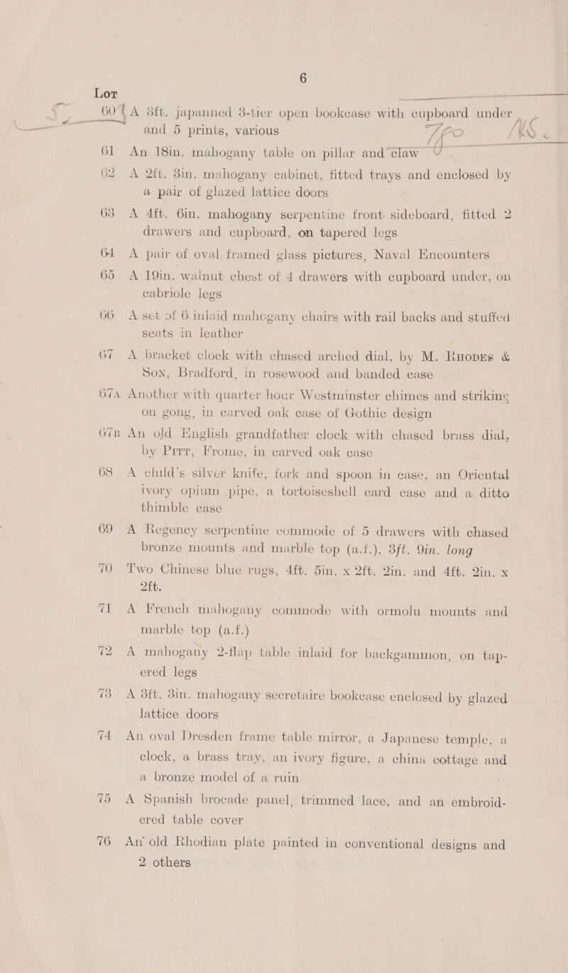 O7B 68 ~] On 6 A 3ft. japanned 38-tier open bookcase with cupboard under and 5 prints, various y: 7. fs | ee {4 L/ _ An 18in. mahogany table on pillar and*claw A 2tt. 8in. mahogany cabinet, fitted trays and enclosed by a pair of glazed lattice doors drawers and cupboard, on tapered legs A pair of oval framed glass pictures, Naval Encounters A 19in. walnut chest of 4 drawers with cupboard under, on cabriole legs seats in leather A bracket clock with chased arched dial, by M. Ruopes &amp; Son, Bradford, in rosewood and banded ease Another with quarter hour Westminster chimes and striking on gong, In carved oak case of Gothic design An old English grandfather clock with chased brass dial, by Prrr, Frome, in carved oak cage A child's silver knife, fork and spoon in case, an Oriental ivory opium .pipe, a tortoiseshell card case and a ditto thimble case A Regency serpentine commode of 5 drawers with chased bronze mounts and marble top (a.f.), 3ft. Qin. long Two Chinese blue rugs, 4ft. 5in. x 2ft. Qin. and 4ft. in. x OTe A French mahogany commode with ormolu mounts and marble top (a.f.) A mahogany 2-flap table inlaid for backgammon, on tap- ered legs A 3ft. din. mahogany secretaire bookcase enclosed by glazed lattice doors An oval Dresden frame table mirror, a Japanese temple, a clock, a brass tray, an ivory figure, a china cottage and a bronze model of a ruin A Spanish brocade panel, trimmed lace, and an embroid- ered table cover An old Rhodian plate painted in conventional designs and 2 others f1