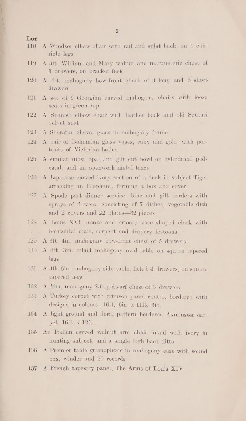  Lor 118 136 9 A Windsor elbow chair with rai] and splat back, on 4 cab- riole lees A 3ft. William and Mary walnut and Bes chest of 5 drawers, on bracket feet A 4ft. mahogany bow-front chest of 38 long and 3 short drawers | A set of 6 Georgian carved mahogany chairs with loose seats Im green rep A Spanish elbow chair with leather back and old Scutari velvet seat A Sheraton cheval glass in mahogany frame A pai of Bohemian glass vases, ruby and gold, with por- traits of Victorian ladies A similar ruby, opal and gilt cut bowl on cylindrical ped- estal, and an openwork metal tazza A Japanese carved ivory section of a tusk in subject Tiger attacking an Elephant, forming a box and cover A Spode part dinner service, blue and gilt borders with sprays of flowers, consisting of 7 dishes, vegetable disb and 2 covers and 22: plates—82 pieces A Louis XVI bronze and ormolu vase shaped clock with horizontal dials, serpent and drapery festoons A 8dft. 4in. mahogany bow-front chest of 5 drawers A 4ft. 3in. inlaid mahogany oval table on square tapered legs A 38ft. 6in. mahogany side table, fitted 4 drawers, on square tapered legs A 24in. mahogany 2-flap dwarf chest of 3 drawers A Turkey carpet with crimson panel centre, bordered with designs in colours, 16ft. 6in. x 11ft. 3in. A lght ground and floral pattern bordered Axminster car- pet, 16ft. x 12ft. An Italian carved walnut arm chair inlaid with ivory in hunting subject, and a single high back ditto A Premier table gramophone in mahogany case with sound box, winder and 20 records