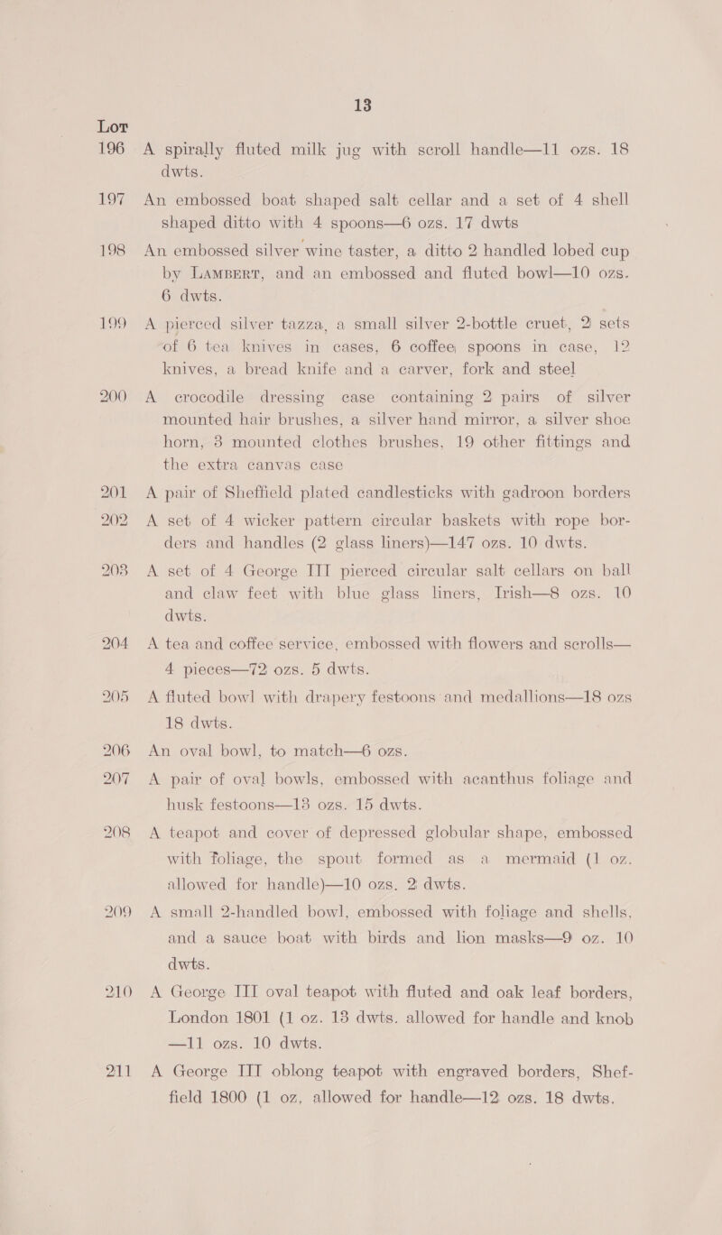 196 197 198 199 209 211 13 A spirally fluted milk jug with scroll handle—11 ozs. 18 dwts. An embossed boat shaped salt cellar and a set of 4 shell shaped ditto with 4 spoons—6 ozs. 17 dwts An embossed silver wine taster, a ditto 2 handled lobed cup by Lampert, and an embossed and fluted bowl—I10 ozs. 6 dwts. A pierced silver tazza, a small silver 2-bottle cruet, 2 sets of 6 tea knives in cases, 6 coffee spoons in case, 12 knives, a bread knife and a carver, fork and steel A crocodile dressing case containing 2 pairs of silver mounted hair brushes, a silver hand mirror, a silver shoe horn, 8 mounted clothes brushes, 19 other fittings and the extra canvas case A pair of Sheffield plated candlesticks with gadroon borders A set of 4 wicker pattern circular baskets with rope bor- ders and handles (2 glass liners)—147 ozs. 10 dwts. A set of 4 George IIT pierced circular salt cellars on ball and claw feet with blue glass lners, Irish—8 ozs. 10 dwts. A tea and coffee service, embossed with flowers and scrolls 4 pieces—72 ozs. 5 dwts.  A fluted bowl with drapery festoons and medallions—18 ozs 18 dwits. An oval bowl, to match—6 ozs. A pair of oval bowls, embossed with acanthus foliage and husk festoons—138 ozs. 15 dwts. A teapot and cover of depressed globular shape, embossed with foliage, the spout formed as a mermaid (1 oz. allowed for handle)—10 ozs. 2: dwts. A small 2-handled bowl, embossed with foliage and shells, and a sauce boat with birds and lion masks—9 oz. 10 dwts. A George ITI oval teapot with fluted and oak leaf borders, London 1801 (1 oz. 13 dwts. allowed for handle and knob —11 ozs. 10 dwts. A George IIT oblong teapot with engraved borders, Shef-