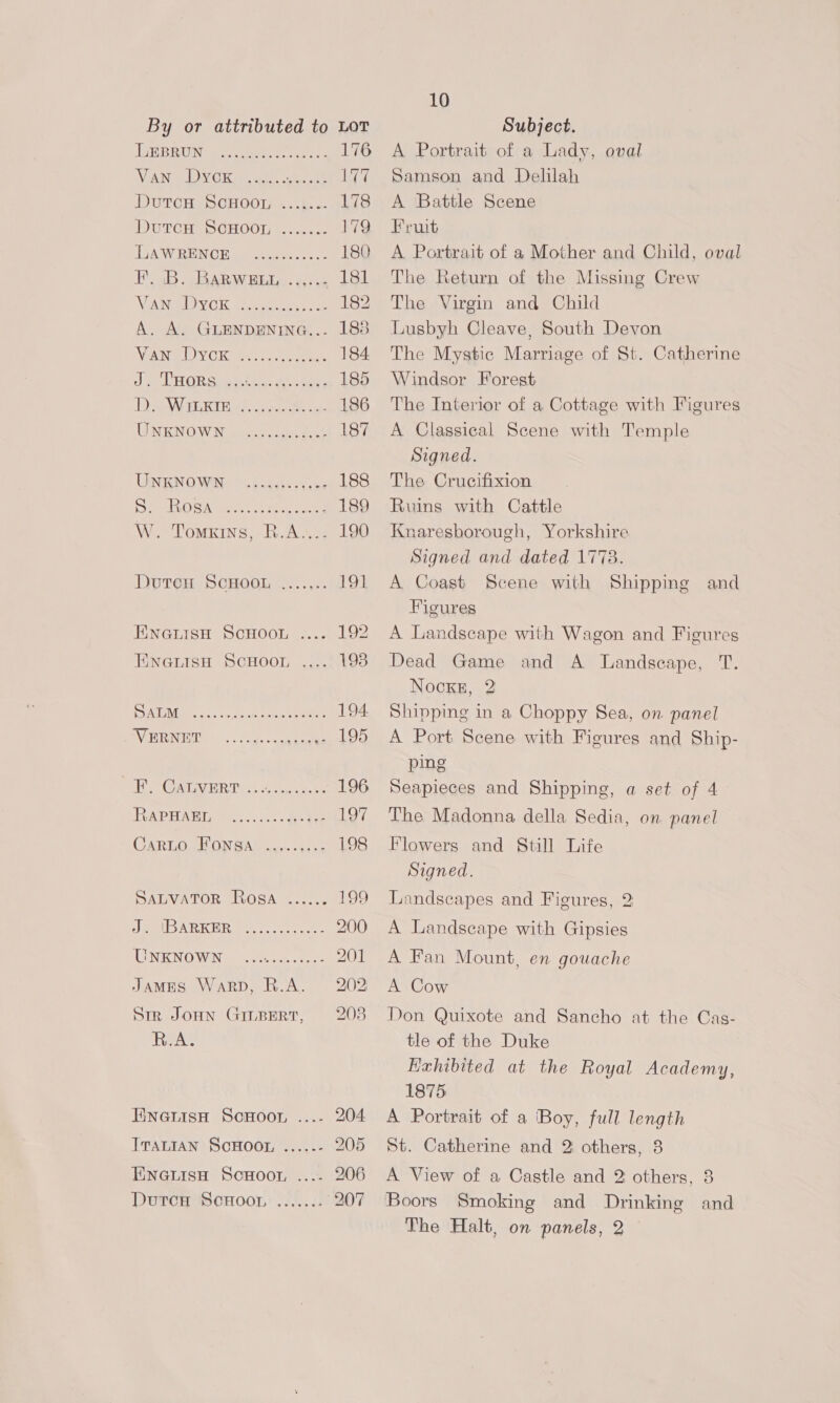 TERRR ONS eet acs 176 VGN Sa Ck a ete, coped et DutTcH SCHOOL ....... 178 DutcH ScHoor ....... 179 DAWREN CE celeste 180 EB. ARARAV REE). Gs 4 181 VA NSE YOR arn oe 182 A. A. GLENDENING... 1838 NEN LC eatery seek 184 a) te EGER Sawaal tigs ac bees 185 TO SGM EEK TG aS. fy ceatee s 186 WESTIN W Nig eet eee 187 UNENO MAN. babe ies 188 Die CAE eae Ai eet 189 W. Tomxins, R.A...: 190 Doureés SCHOOL |... .«. 191 EINGHhISH VOCHOOL UL... alee ENGLISH SCHOOL .... 1938 SALM ioheie cate etenclclenstotereianatarans 194. MWR REIDY | =. fog. oes 195 SE ORG ER Tac oe ee 196 UADPEH ATI tard oo cok dee ee 197 (SRT OLION GAME. cee. 198 SALVATOR Rosa ...... 199 SMO ARKHR ee, oe 200 a NECN OV loki ov Cea DOL JaMES Warp, R.A. 202 Sir Joun GinBertT, 208 Rea’ EwwetisH ScnHoor ...- 204 ITALIAN SCHOOL ....-- 205 ENGtuisH ScHoor ...- 206 Dutcn Scwoor, ......- 207 10 A Portrait of a Lady, oval Samson and Delilah A Battle Scene Fruit A Portrait of a Mother and Child, oval The Return of the Missing Crew The Virgin and Child Lusbyh Cleave, South Devon The Mystic Marriage of St. Catherine Windsor Forest The Interior of a Cottage with Figures A Classical Scene with Temple Signed. The Crucifixion Ruins with Cattle Knaresborough, Yorkshire Signed and dated 17738. A Coast Scene with Shipping and Figures A Landscape with Wagon and Figures Dead Game and A Landscape, T. Nocke, 2 Shipping in a Choppy Sea, on panel A Port Scene with Figures and Ship- ping Seapieces and Shipping, a set of 4 The Madonna della Sedia, on panel Flowers and Still Life Signed. Landscapes and Figures, 2 A Landscape with Gipsies A Fan Mount, en gouache A Cow Don Quixote and Sancho at the Cas- tle of the Duke Exhibited at the Royal Academy, 1875 A Portrait of a Boy, full length St. Catherine and 2 others, 8 A View of a Castle and 2 others, 3 Boors Smoking and Drinking and The Halt, on panels, 2