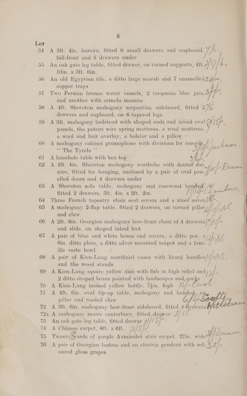 54 A 8ft: 4in. bureau, fitted 6 small drawers and cupboard, / aoe fall-front and 5 drawers under . Ly 4 55 An oak gate leg table, fitted drawer, on turned supports, att A/ [/ ee 10in. x 3ft. Gin. ne ) 56 An old Egyptian tile, a ditto large scarab ahd 7 enamelled 2 j/=, copper trays } Y- ) a) : ee a, : eee 2 Ais 57 ‘Two Persian bronze water vessels, 2 turquoise blue Jjars,7 /- nice, fitted for hanging, enclosed by a pair of oval pan-// | elled doors and 4 drawers under 63 A Sheraton sofa table, mahogany and rosewood bande 4, | AO | and another with ormolu mounts a / 58 <A 4ft. Sheraton mahogany serpentine sideboard, fitted 2, te drawers and cupboard, on 6 tapered legs i ee ) 59 A 8ft. mahogany bedstead with shaped ends and inlaid oval gis L- | panels, the patent wire spring mattress. a wool mattress, i | a wool and hair overlay, a bolster and a pillow ~° 7 | 60 A mahogany cabinet gramophone with divisions for mers A , Ran . a ~ The Tyrela*’ | 61 <A kneehole table with box top. of tay | 62 A 4ft. din. Sheraton mahogany wardrobe with ee: Cory / - Dunes | fitted 2 drawers, dft. 4in. x 2ft. 2in. [Yr ELK 64 Three French tapestry chair seat covers and a stool’ ‘covered. io | 65 A mahogany 2-flap table, fitted 2 drawers, on turned Ply WE MV ‘ { and claw / 66 A 2ft. 8in. Georgian mahogany bow-front chest of 4 oe, ly 67 <A pair of blue and white boxes and covers, a ditto pot, ay) iE BY, iy 6in. ditto plate, a ditto silver mounted teapot and a fam / P ille verte bowl j 68 A pair of Kien-Lung sacrificial vases with lizard handles///- MV, : and the wood stands ee | | and slide, on shaped inlaid feet eet | 69 A Kien-Lung square yellow dish with fish in high relief andy) 5 J 2 ditto shaped boxes painted with landscapes and, Up be f. 70 A Kien-Lung incised yellow bottle, 7din. high , oe 71 A 4ft. 6in. oval tip-up table, mahogany and “DI  pillar and reeded claw Of. : 72 A 38ft. 6in. mahogany bow-front sideboard, fitted a dr awers€ 724 A mahogany music canterbury, fitted drawer 3/i fi. / 73 An oak gate leg table, fitted drawer #///o/* ! 74 A Chinese carpet, Sft.x 6ft. Jp/S// Bie _G 70 Twenty yards of purple eae stair carpet, 27in. wide | oe i / 76 A pair of Georgian lustres and an electric pendant with col- % i j- vit % oured glass grapes
