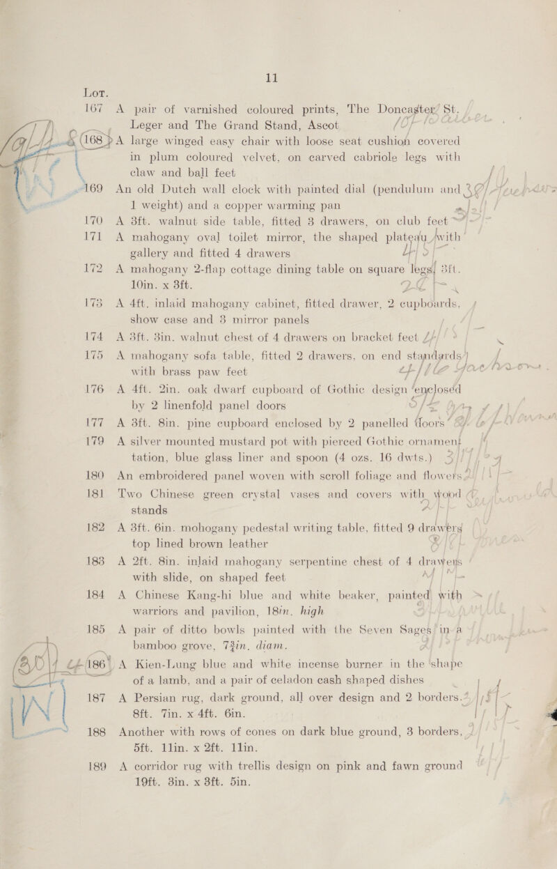 or: 167 A pair of varnished coloured prints, The poe Leger and The Grand Stand, Ascot (Of wat &amp; (168) A large winged easy chair with loose seat saad covered in plum coloured velvet, on carved cabriole legs with \ claw and ball feet f ~169 An old Dutch wall clock with painted dial (pendulum and. oi 1 eeprass  1 weight) and a copper warming pan me 170 A 8ft. walnut side table, fitted 3 drawers, on club feet ~ 4f 171 A mahogany oval toilet mirror, the oe plates UL, Avith ’ gallery and fitted 4 drawers Lf js 172 A mahogany 2-flap cottage dining table on echoes legs Bib. Oi. x Bit: so HO ls i 175 A 4ft. inlaid mahogany cabinet, fitted drawer, 2 cupboards, show case and 8 mirror panels 174 <A 3ft. 3in. walnut chest of 4 drawers on bracket feet 7+/ ~ 175 A mahogany sofa table, fitted 2 drawers, on end standards) with brass paw feet th] 7 OSORNO 176 A 4ft. 2in. oak dwarf cupboard of Gothic fetes fene}osed by 2 linenfold panel doors V/=” ha, 177 A #3ft. 8in. pine cupboard enclosed by 2 panelled fone | 179 A silver mounted mustard pot with pierced Gothic ornament tation, blue glass liner and spoon (4 ozs. 16 dwts.) 3 Ti 4 180 An embroidered panel woven with scroll foliage and flowers” | 181 Two Chinese green crystal vases and covers with. wood stands ~| | 182 A 3ft. 6in. mohogany pedestal writing table, fitted 9 drawers top lined brown leather ‘ 183 A 2ft. 8in. inlaid mahogany serpentine chest of 4 drawers with slide, on shaped feet if Oa, 184 A Chinese Kang-hi blue and white beaker, painted with warriors and pavilion, 18/n. high . 185 A pair of ditto bowls painted with the Seven Sages in-a 74 by bamboo grove, 73in, diam. Z (A \4 Ja 186) A Kien-Lung blue and white incense burner in the ‘shape t ZA ate a of a lamb, and a pair of celadon cash shaped dishes oat ‘ 187 A Persian rug, dark ground, all over design and 2 borders.” //, Sft. Tin. x 4ft. 6in. | sie at des i od “~~ 188 Another with rows of cones on dark blue ground, 3 borders, Sib, Lim. x 2ft.: lim. 189 <A corridor rug with trellis design on pink and fawn ground 19ft. 3in. x 38ft. Sin.